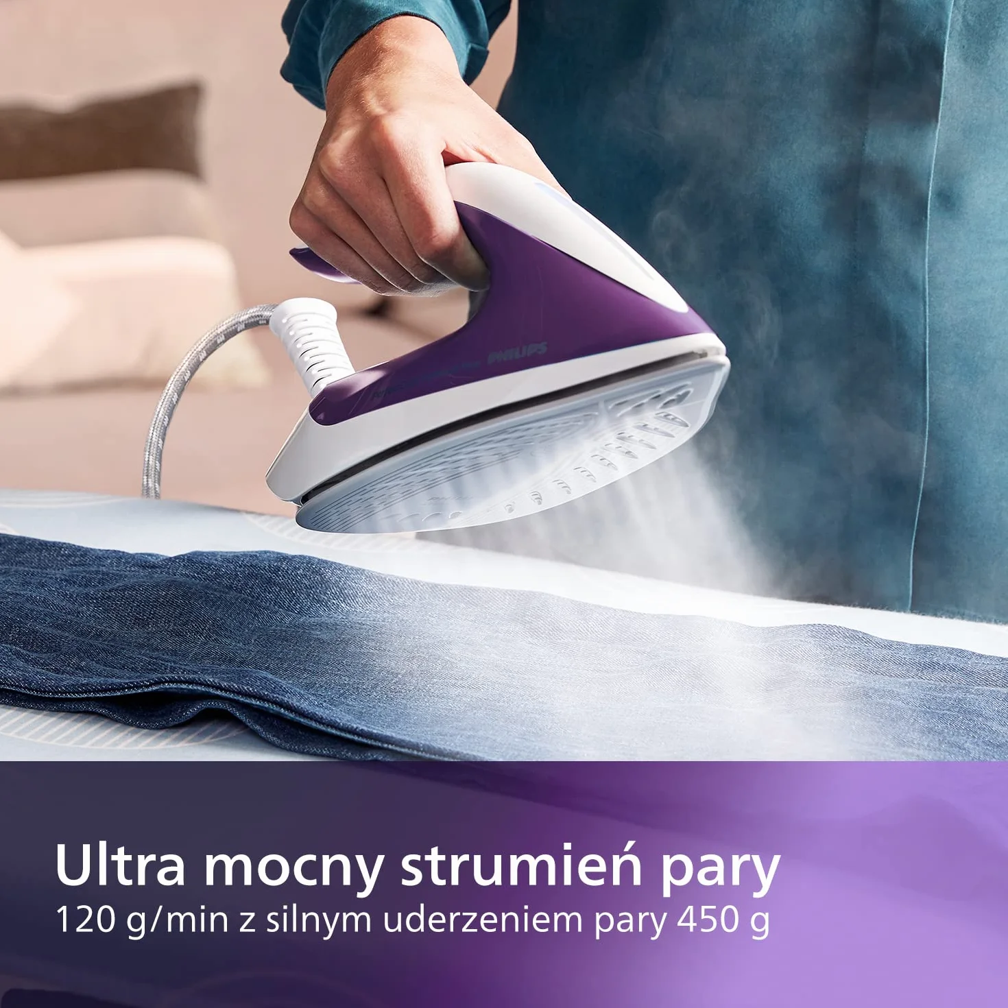 Philips Generator Pary PerfectCare Compact Plus - 2400W, Silne uderzenie pary 450g, Ciśnienie pompki 6,5 bara, Technologia OptimalTEMP, Zbiornik 1,5l, Fioletowy/Biały (GC7933/30)