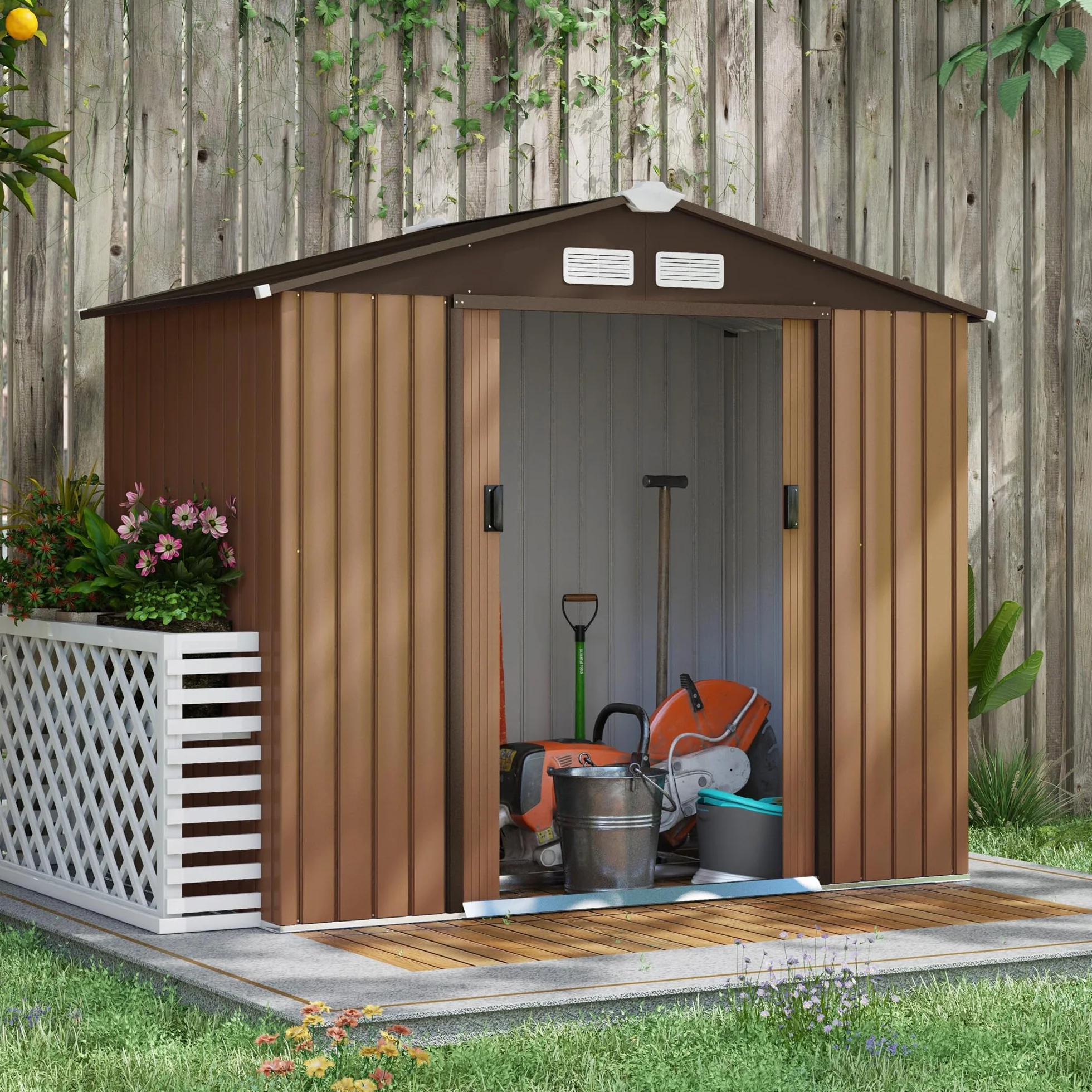 Outsunny Domek ogrodowy 2,5 m² - Zniżka na narzędzia z fundamentem - budka zamykana na drzwi - N. 213L x 130 l x 185H cm - blacha stalowa Khaki