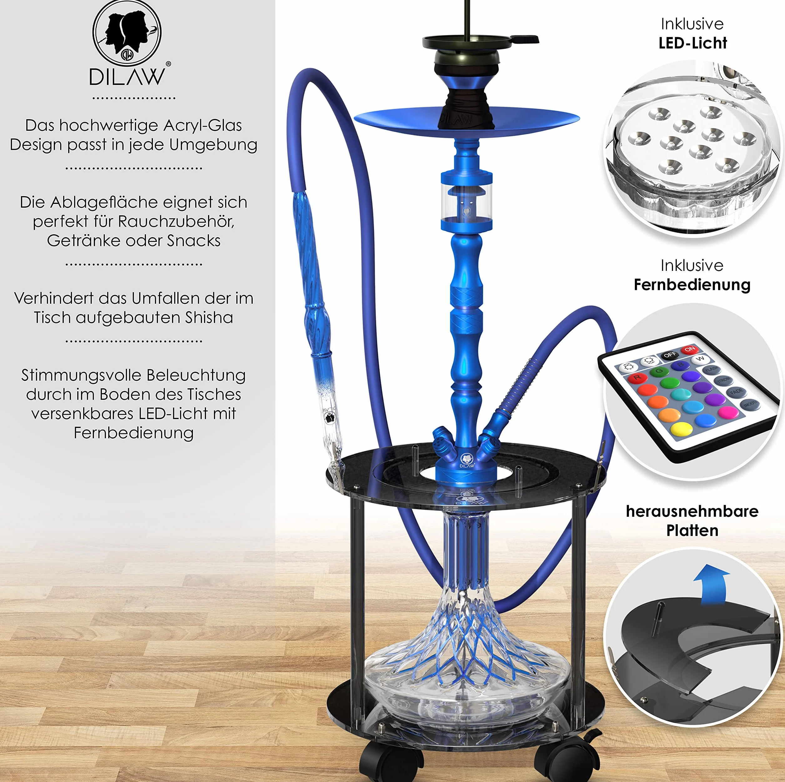 DILAW® Stół do sziszy klasy premium, kompletny zestaw łącznie z podstawkami LED, z 3 uchwytami na wąż, nadaje się do użytku wewnątrz i na zewnątrz, wykonany z wysokiej jakości akrylowego szkła