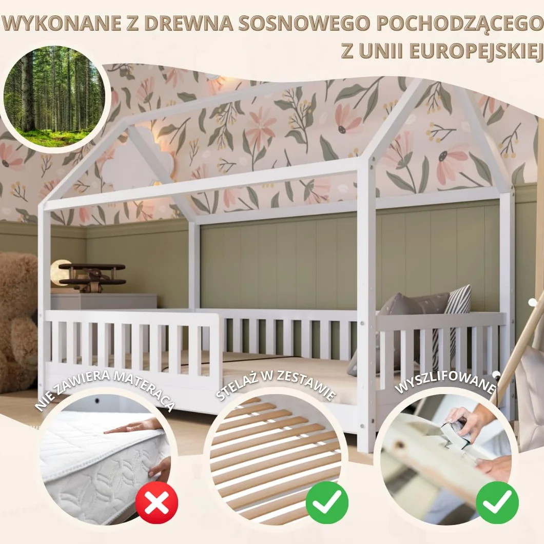 Łóżko domek Crazy Blanco 160 x 80 cm – Białe łóżko dziecięce z naturalnego drewna z odkręcaną barierką – Łóżko Montessori