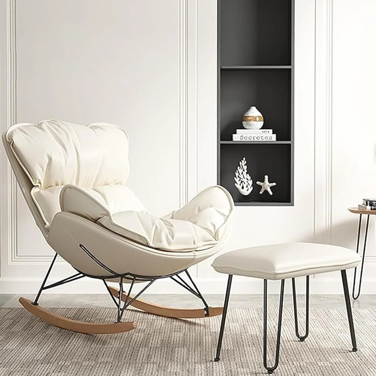 Fotel bujany z podnóżkiem Nowoczesny fotel bujany Wygodny fotel rozkładany Mebel Fotel wypoczynkowy Leniwy dom Pojedyncza sofa Dorosły Balkon Fotel bujany (Złamana biel, Bardzo duży styl)