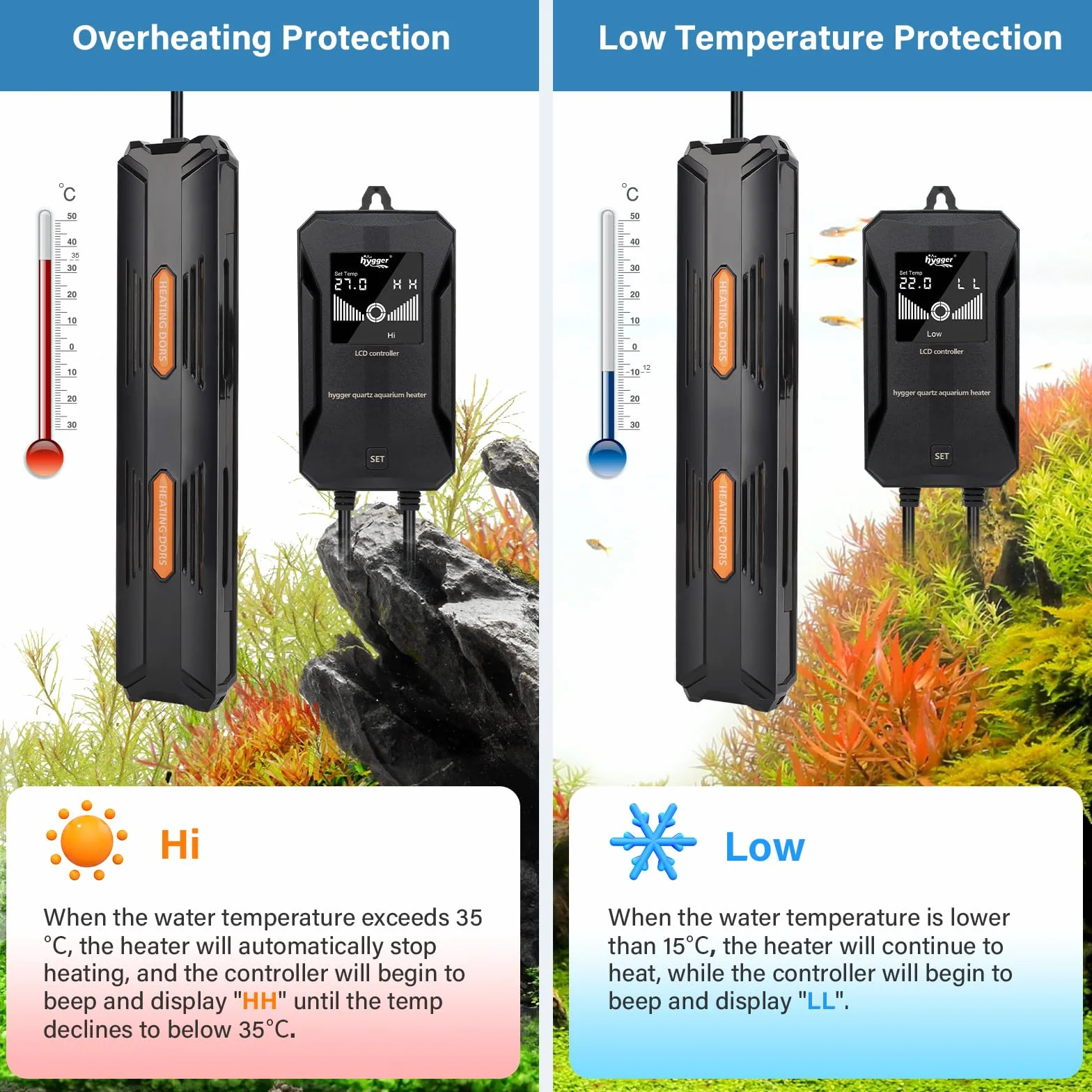 hygger Ogrzewanie akwarium, 100W Regulowana temperatura grzałka do akwariów, grzałka akwariowa z zewnętrznym wyświetlaczem LCD do 100-200L słodkowodnego lub słonowodnego akwarium z rybami