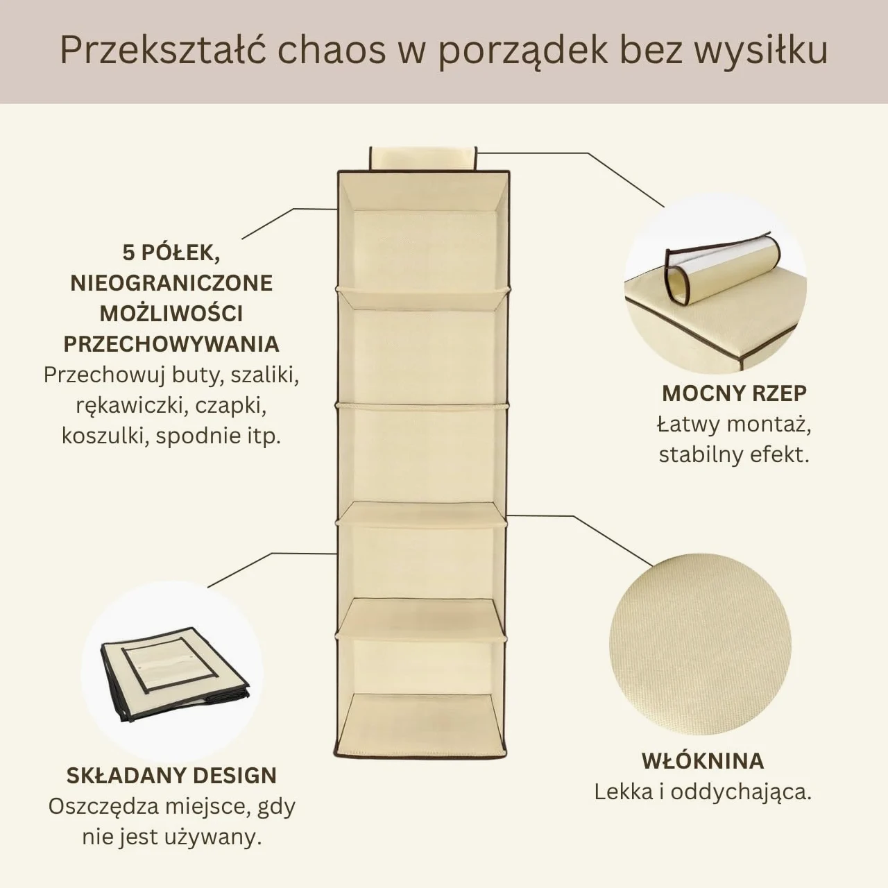 Organizer do szafy na ubrania 30x30x100cm, Organizer na ubrania z tkaniny 5 półek, wiszące półki na rzep, składana szafa do przechowywania, organizator koszulki, spodnie, torby, buty