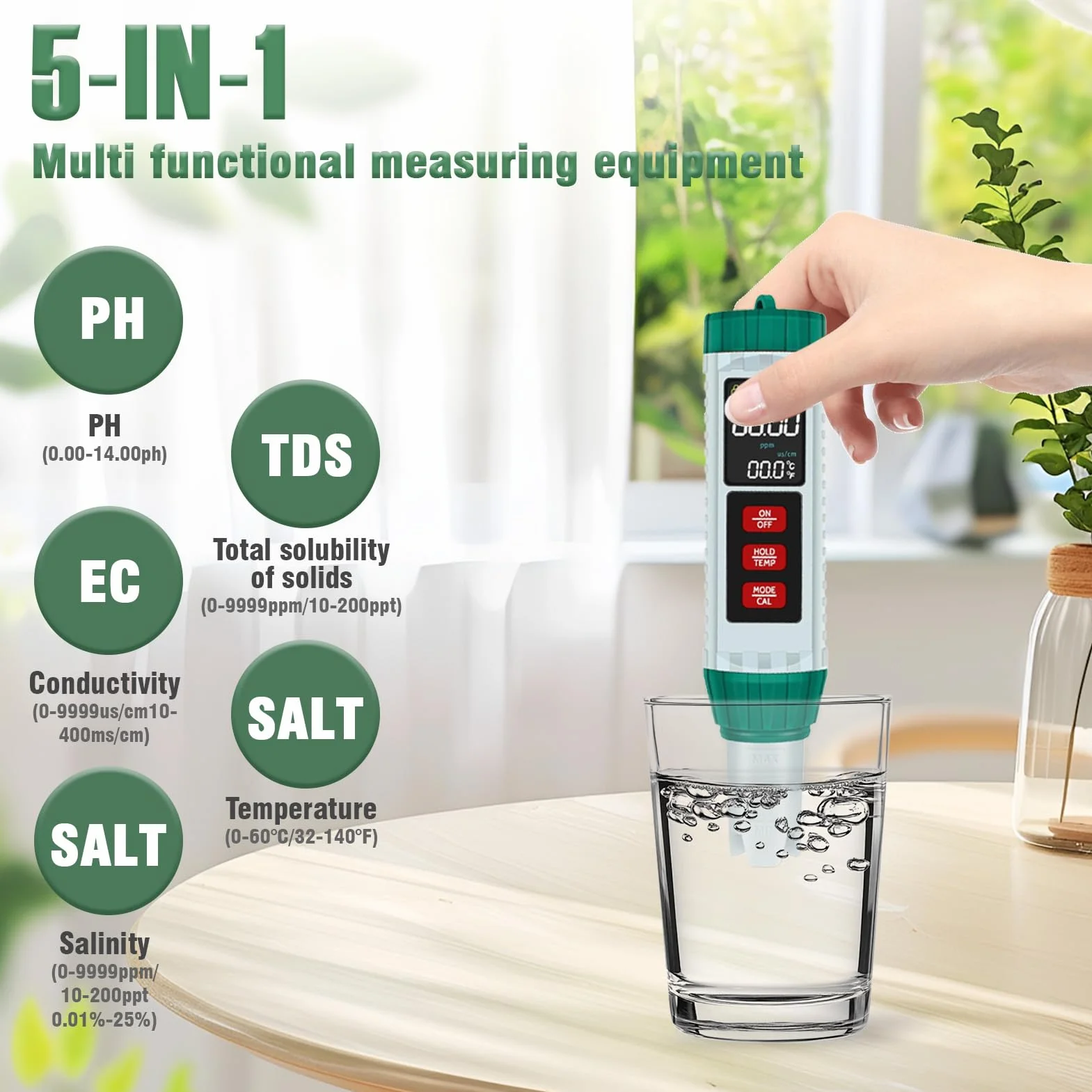 Miernik pH wody, 5 w 1 PH EC TDS zasolenie temperatura, cyfrowy tester basenu o wysokiej precyzji z wyświetlaczem LCD, miernik pH do wody pitnej, basenu, akwariów, hydroponiki i testów płynów