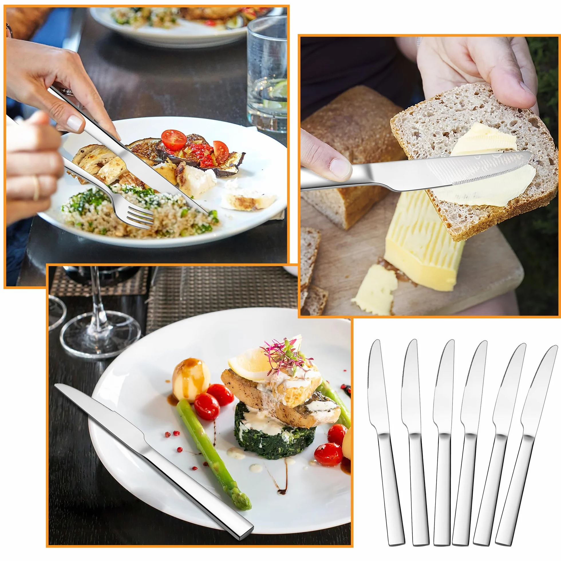 HaWare 6 noży stołowych, ze stali nierdzewnej, nóż śniadaniowy, nóż do masła, 22,8 cm, sztućce, zestaw noży do domu/restauracji/hotelu, polerowany na wysoki połysk i nadaje się do mycia w zmywarce
