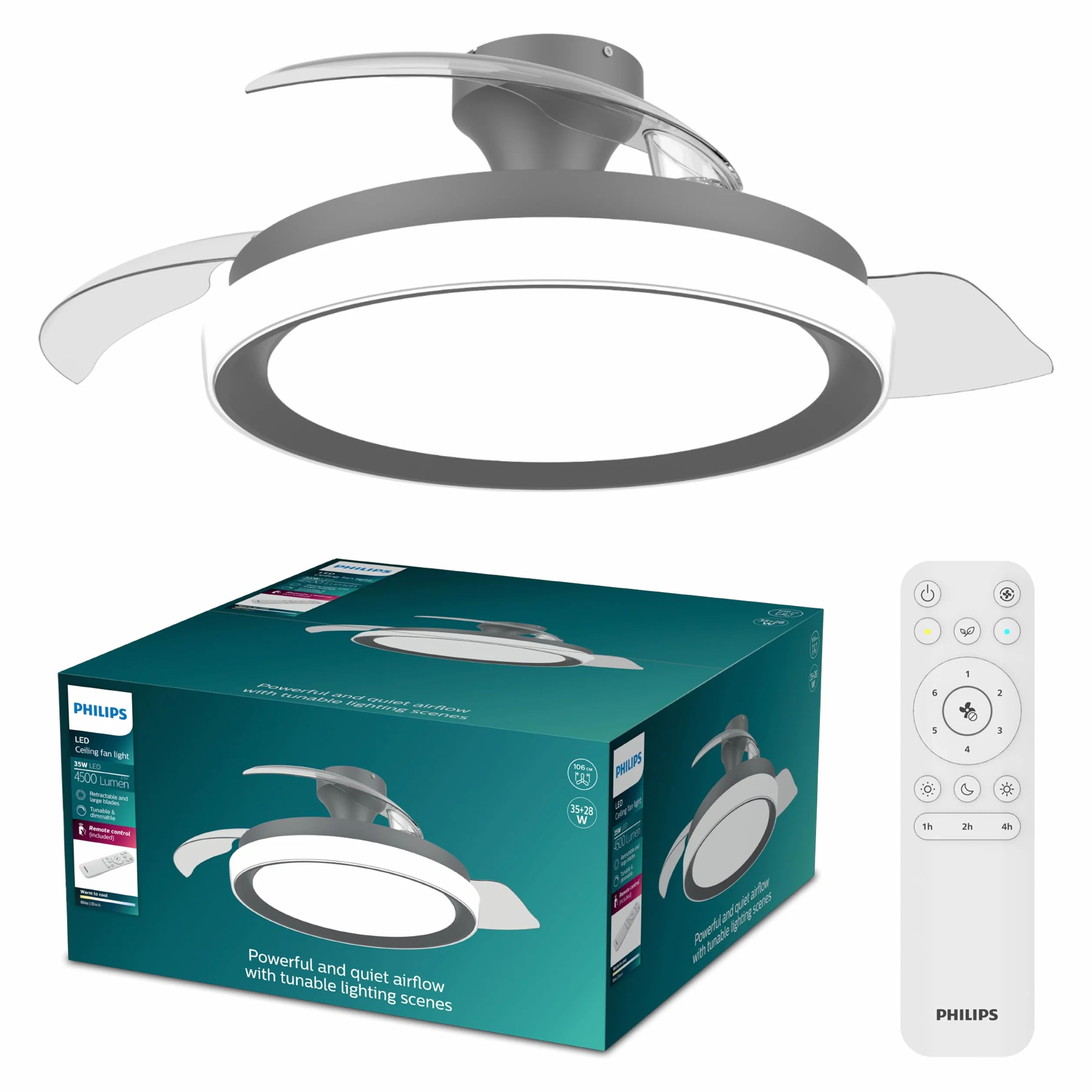 Chowany Wentylator Sufitowy Philips Bliss z Oświetleniem LED, 3 Łopatki, 106 cm, 4500 Lumenów, Regulowana Barwa 3000–6500 K, Przyciemnianie do 5%, Pilot, Czarny