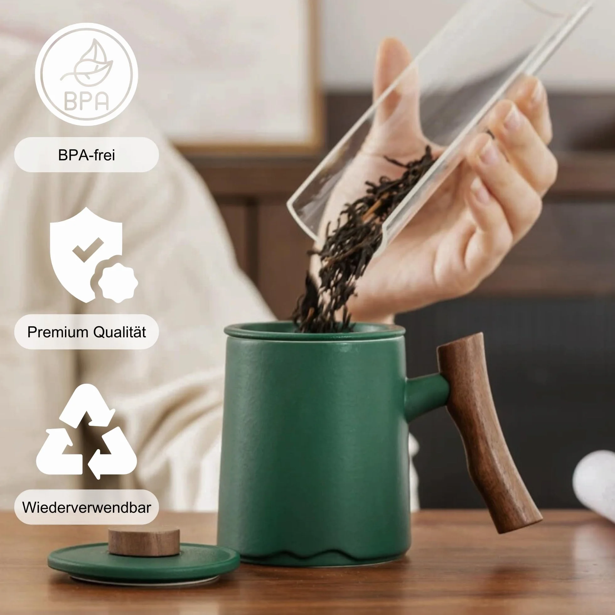 JanYoo Filiżanka do herbaty z pokrywką i sitkiem, 360 ml, uchwyt palisandru, ceramiczny kubek do herbaty, matowy, kamionkowy, glazurowane, do namaczania, zielona