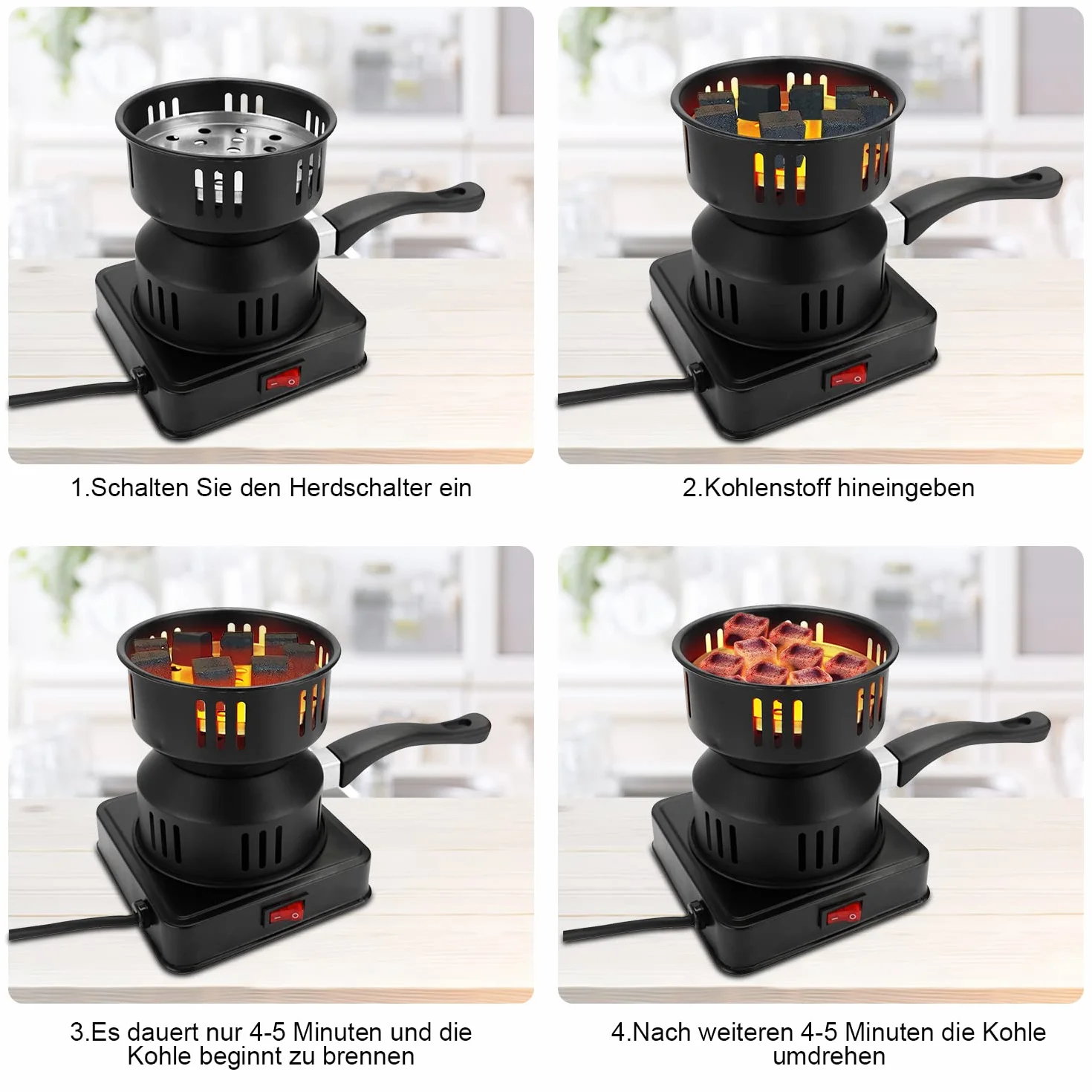 Gohytal Podpałka do węgla drzewnego, podpałka do węgla drzewnego, piec na węgiel drzewny, podpałka do grilla z długim kablem, 450–600 W, elektryczny grill na węgiel drzewny