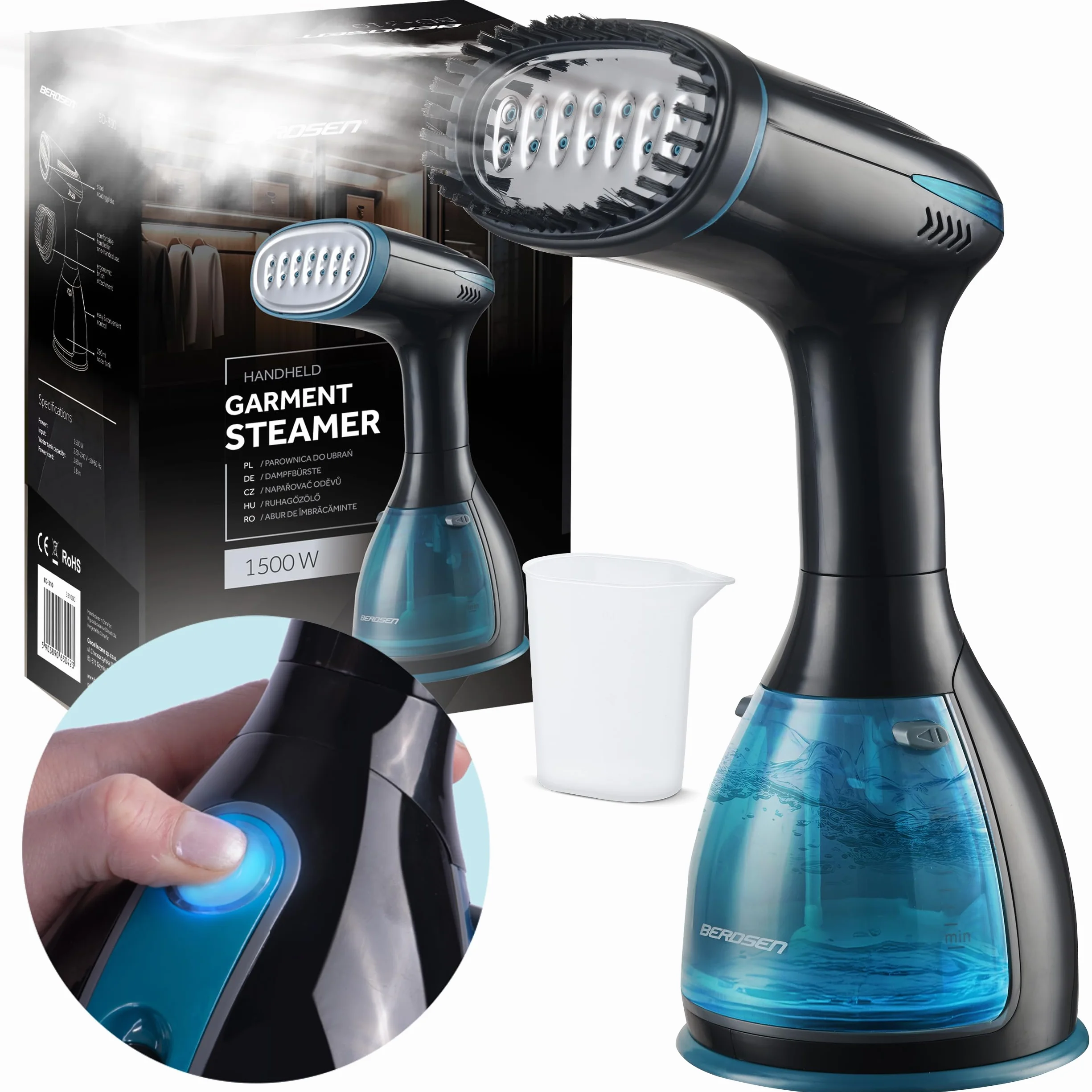 Berdsen Parownica do Ubrań - 1500W 32g/min - Steamer - Podróżne Żelazko Parowe - Przenośna i Kompaktowa - Czarna