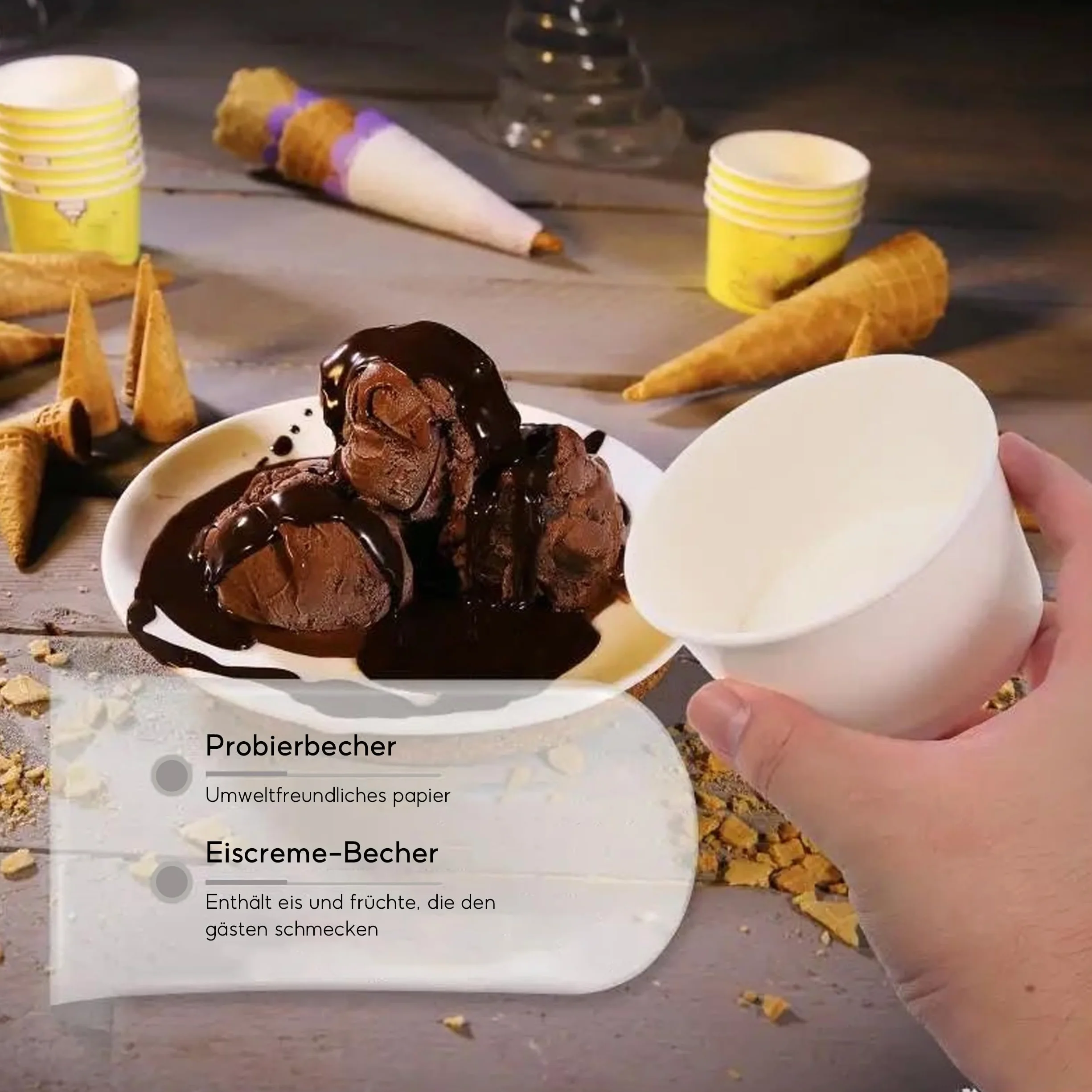 Papierowe foremki do muffinek, 60 sztuk kartonowych kubków do lodów, 120 ml, jednorazowe miseczki do lodów z drewnianą łyżeczką, do bufetów, deserów, na wesela, wózki z jedzeniem, lodziarnie