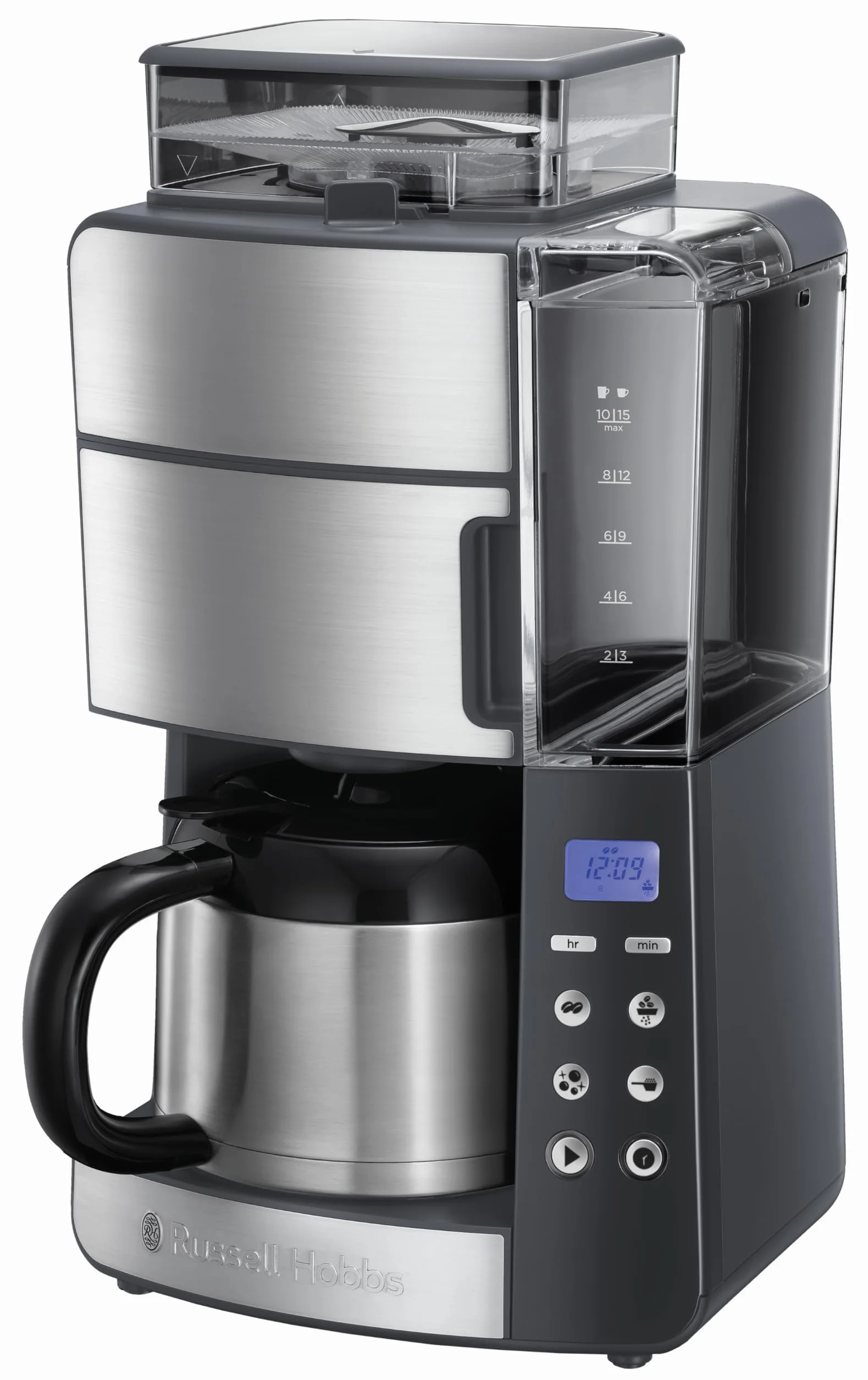 Russell Hobbs ekspres do kawy, wbudowany młynek, regulacja mocy zaparzenia kawy, timer, podtrzymywanie temperatury, dzbanek termiczny, pojemność 1,25l, moc 1000W, czarny-stalowy, Grind&Brew 25620-56
