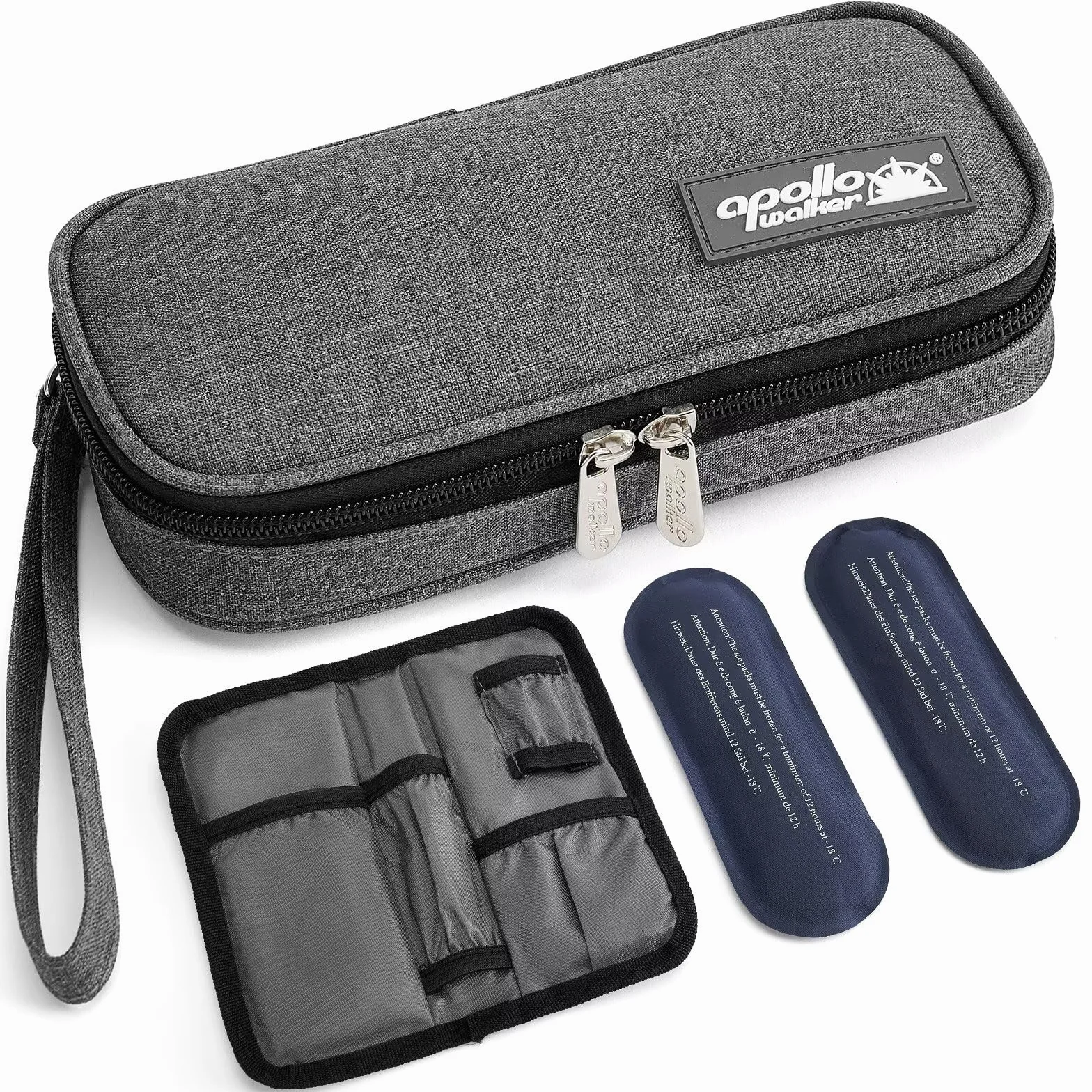 APOLLO WALKER Insulin Travel Cooler: Przenośny Organizer z 2 Małymi Torbami Chłodzącymi,Izolowaną Podszewką i Przegródką na Długopis(Ciemnoszary)