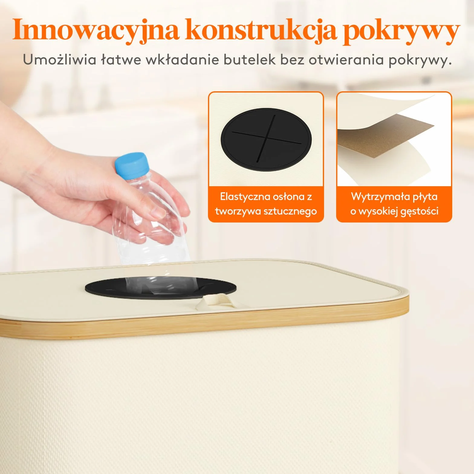 Lifewit Przenośny kosz na śmieci z recyklingu, szklany pojemnik na butelki z tworzywa sztucznego, duży bambusowy kosz na śmieci do Tris Selective, 100L, biały