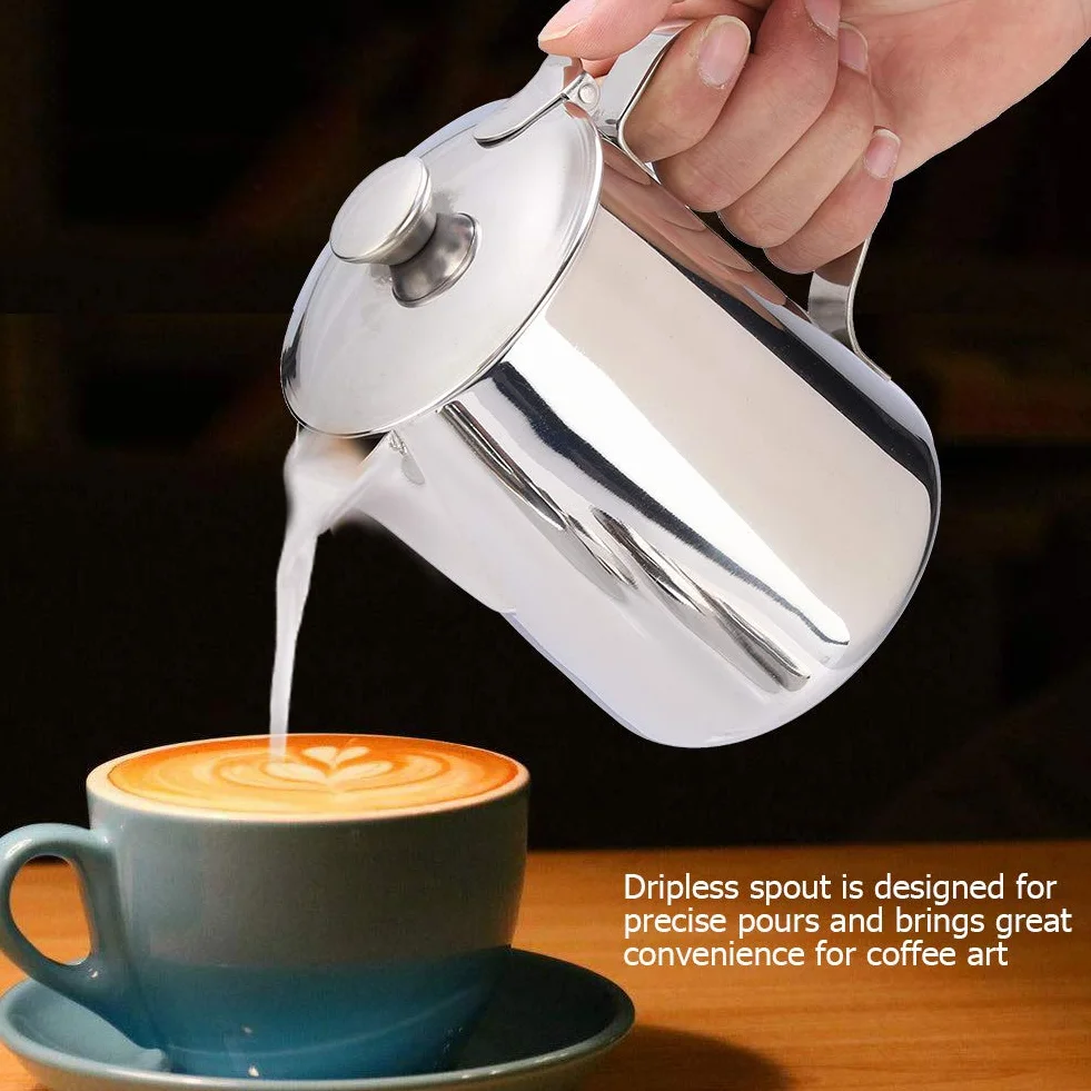 MAGT Dzbanek na mleko z pokrywką, dzbanek na mleko ze stali nierdzewnej, 1000 ml, dzbanek do kawy, pojemnik na mleko, akcesoria barista do kawy lattekowej (1000 ml)