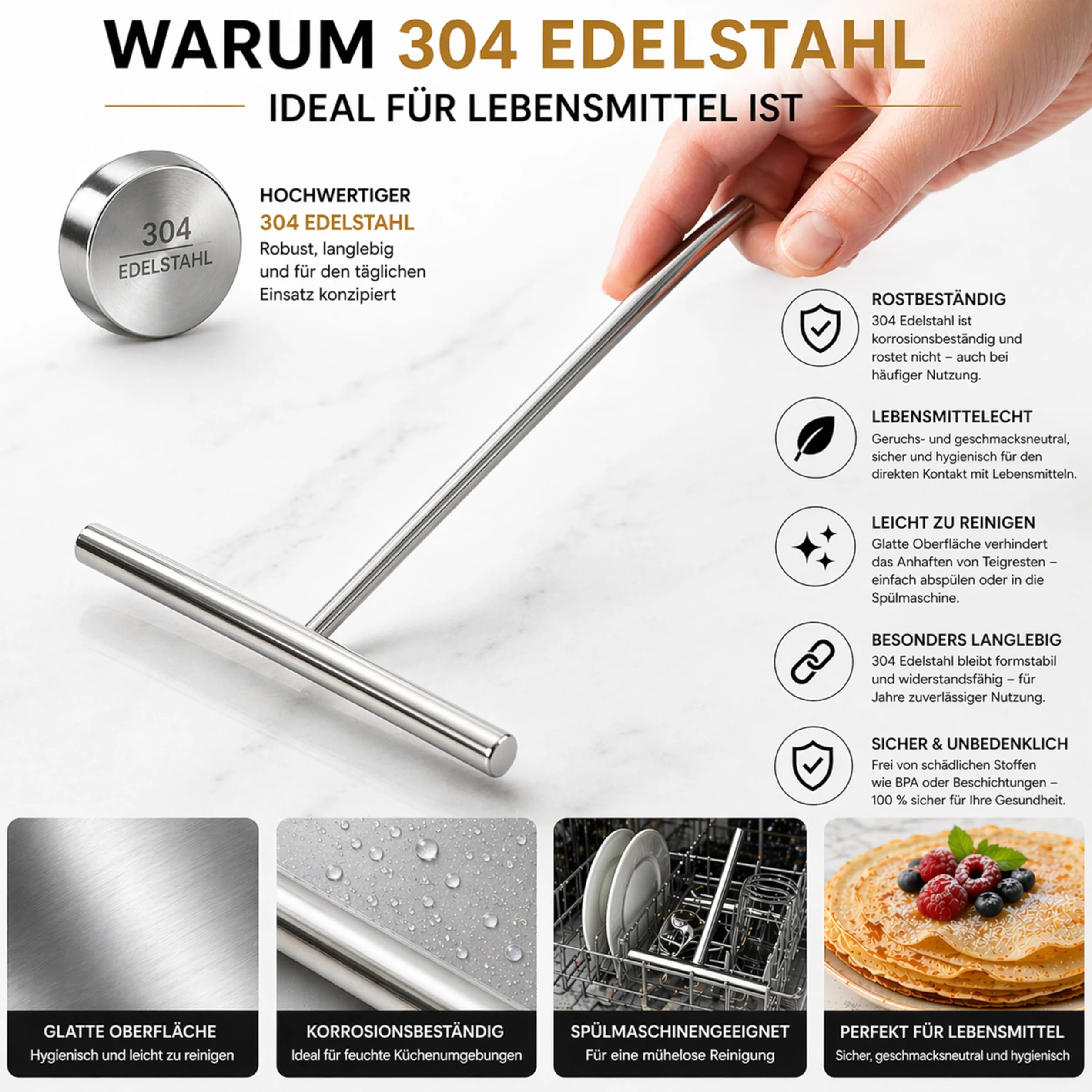 Kerafactum Rozdzielacz do Ciasta Crepemaker do Naleśników, Placków lub Palacinek z Długą Rączką 20 cm ze Stali Nierdzewnej, Szpatułka do Naleśników