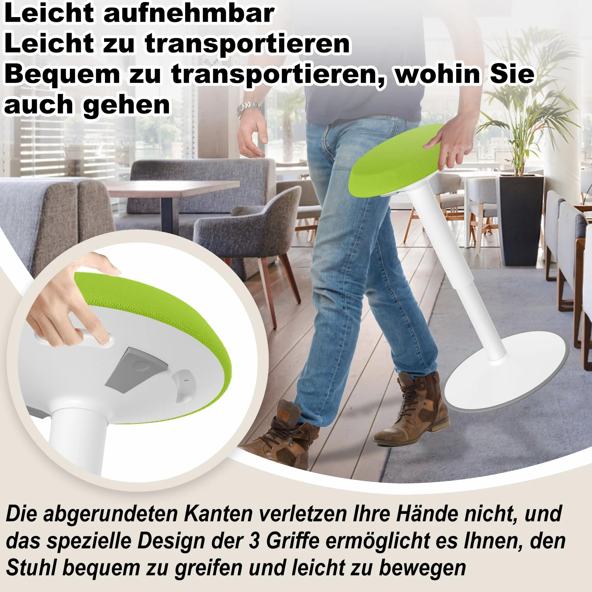 Froadp Stołek biurowy, ergonomiczny taboret, stojący z regulacją wysokości 43-61 cm, antypoślizgowy, do salonu, baru, biura, zielony, okrągły