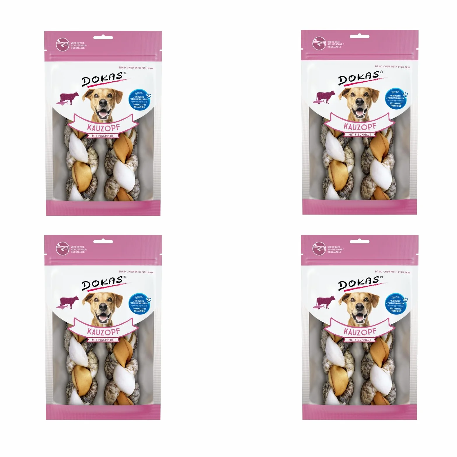 Dokas Plecionka do żucia ze skórą ryby | 4 x 120 g | Przekąska do żucia dla psów | Pleciona skóra wołowa i ryba dla doskonałej przyjemności żucia