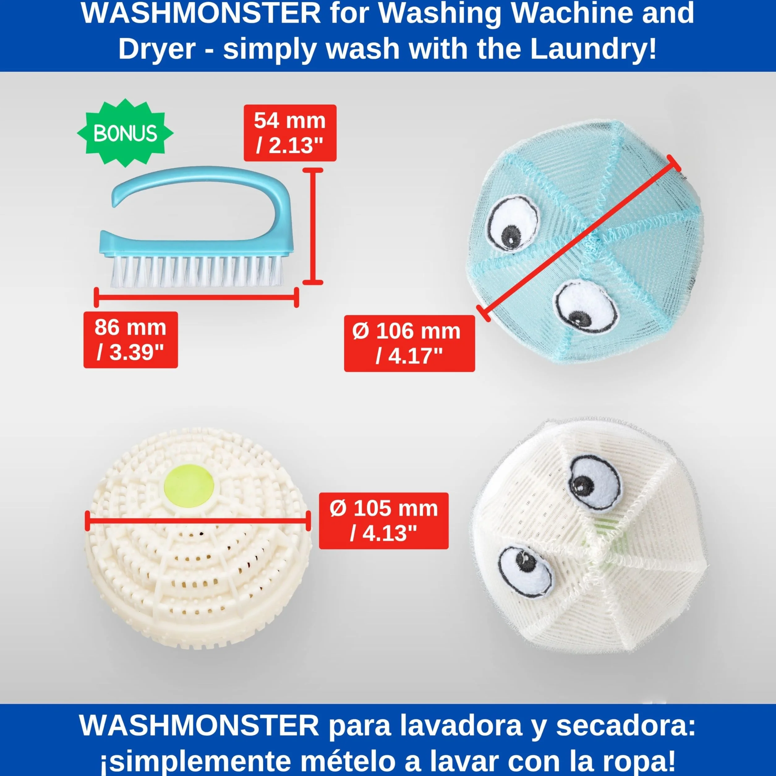 WASHMONSTER łapacz do włosów do pralki, suszarki do prania, 2 zestawy, niebieski i biały, filtr do włosów zwierzęcych, ludzkich włosów, sitko do kłaczków, Ø 106 mm, piłka do prania z perłami do prania
