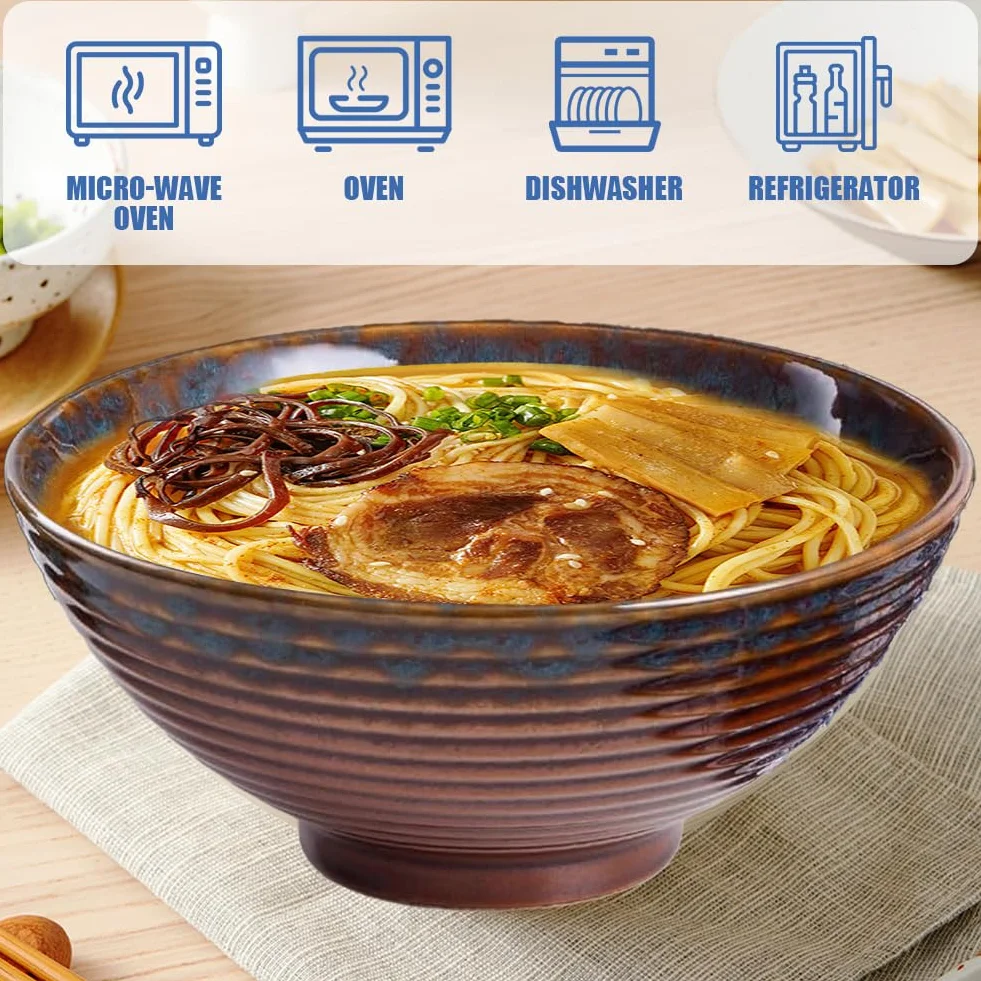 Miseczki do ramen 1200 ml, ceramiczne miski na zupę, 20 cm, miski do sałatek, miski do serwowania, miski na musli, niebieskie retro, z pałeczkami i łyżeczką, do kuchenki mikrofalowej, zmywarki i