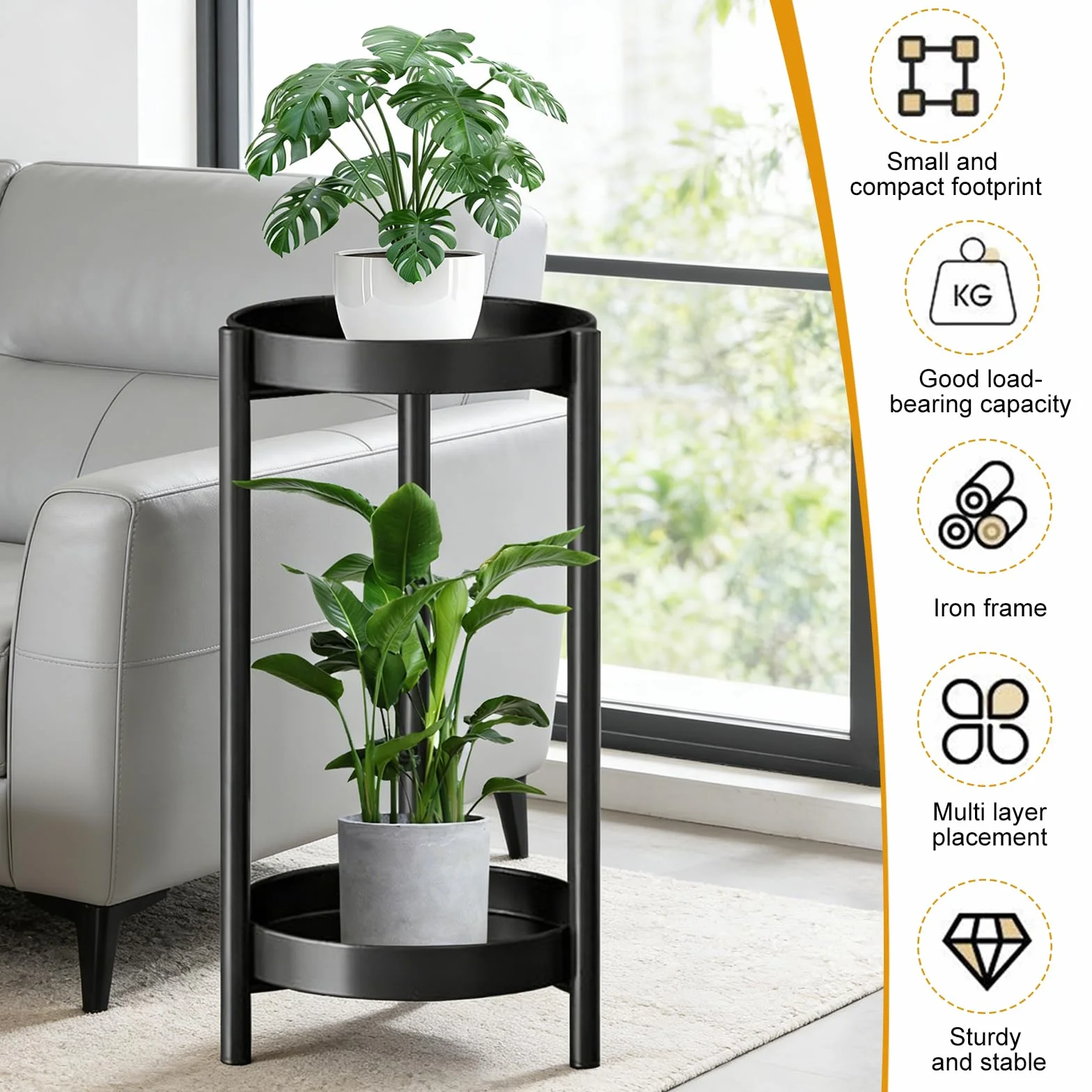 Stojak na rośliny do użytku wewnątrz i na zewnątrz, 2 poziomy, metalowy uchwyt na doniczki, wysokość 60 cm, nierdzewny regał na kwiaty do domu, ogrodu, na taras, balkon, do biura, salonu, łazienki