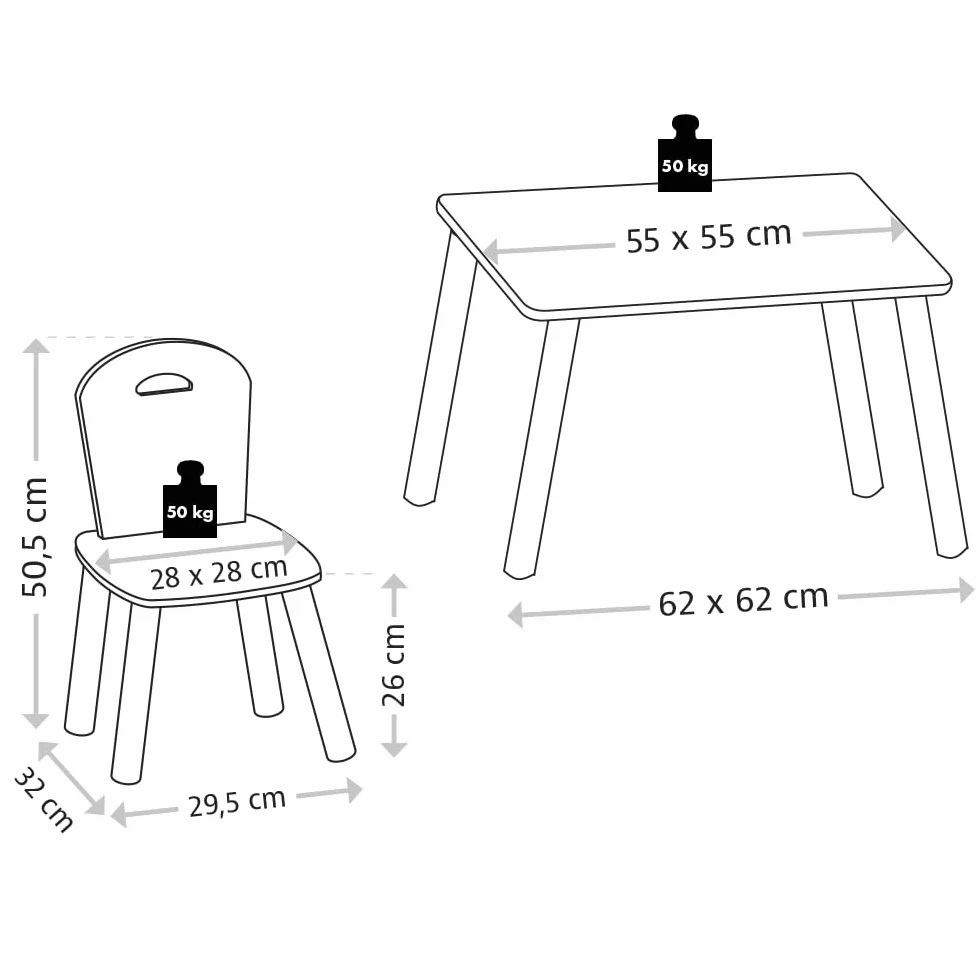 Kesper | stolik dziecięcy z 2 krzesłami, materiał: płyta pilśniowa, wymiary: 55 x 55 x 45 cm, kolor: biały, szary | 17732 13