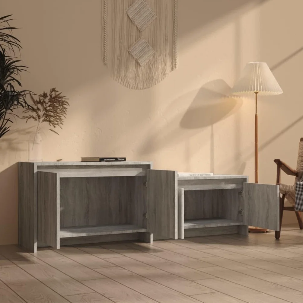 Hothingwell Sonoma szafka pod telewizor szara 146,5x35x50 cm drewno inżynieryjne | 4 drzwi, 2 sztuki do montażu, przechowywanie DVD i konsoli, łatwe czyszczenie