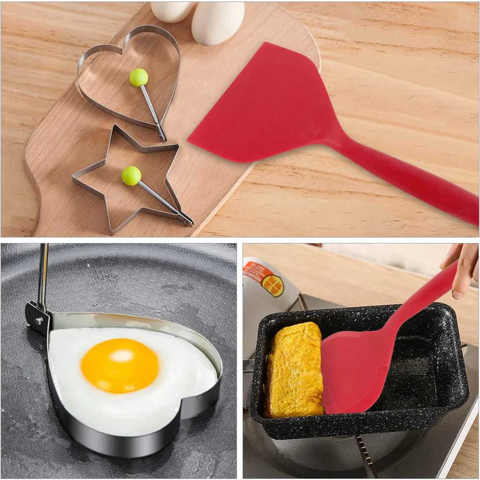 Japońska patelnia do omletów, prostokątna mini patelnia do jajek z szeroką silikonową szpatułką i 2 pierścieniami do jajek sadzonych, nieprzywierająca patelnia Tamagoyaki, kuchnia domowa, przybory