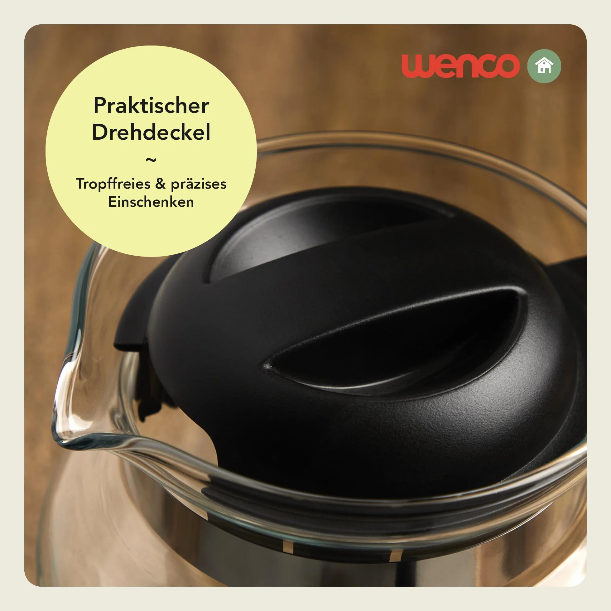 Wenco Dzbanek szklany 1,25 l – idealny do herbaty, kawy i zimnych napojów, odporny na wysokie temperatury, z pokrywką i otworem na dzióbek – nadaje się do mycia w zmywarce i nietłukący –