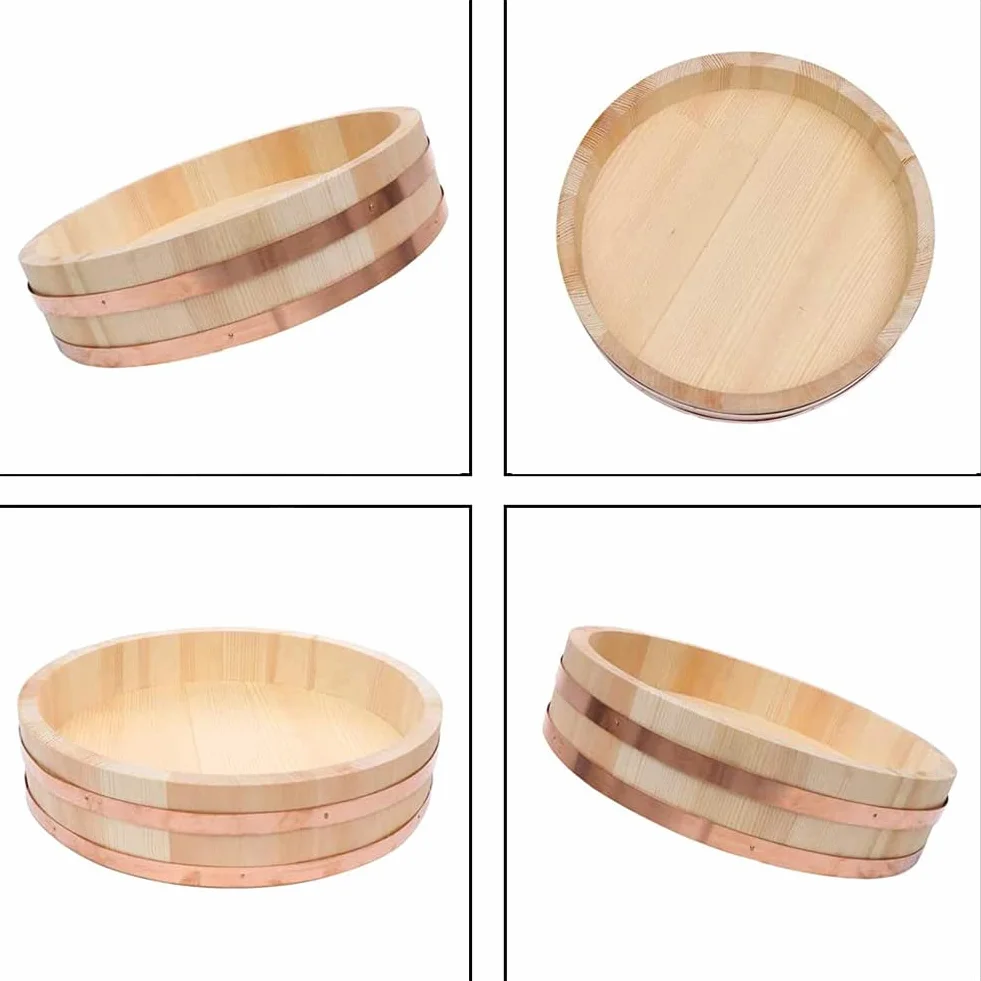 Adima Japońska drewniana Hangiri sushi miska do mieszania ryżu z miedzianą opaską sushi oke biała sosna drewno do sushi restauracji domu kuchni 12 rozmiarów, 27 x 7,5 cm