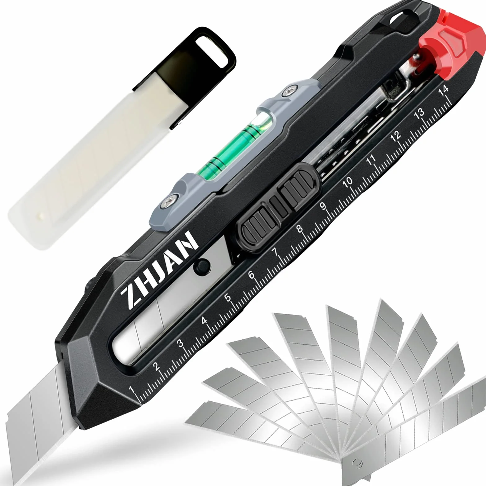 Wysuwany nóż użytkowy z poziomicą i linijką, SK5 Multifu Box Cutter z 10 zapasowymi ostrzami, do mierzenia, cięcia kartonów, kartonów i pudełek