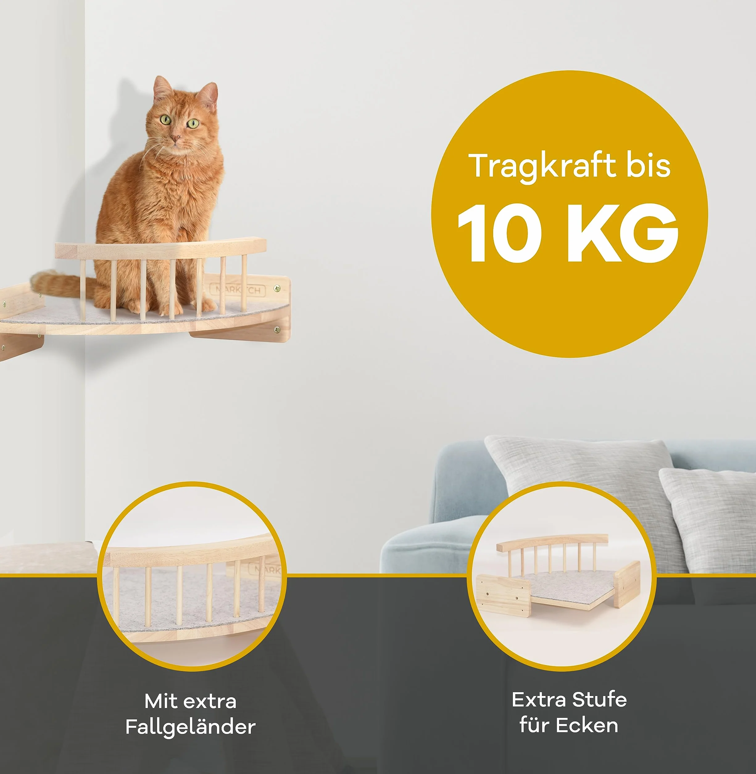 Ścianka do wspinaczki dla kotów, zestaw premium z desek dla kota na ścianę z drewna z filcową powłoką – park ścienny premium do wspinaczki – 3 stopnie dla kota wraz z leżanką dla kota na rogu