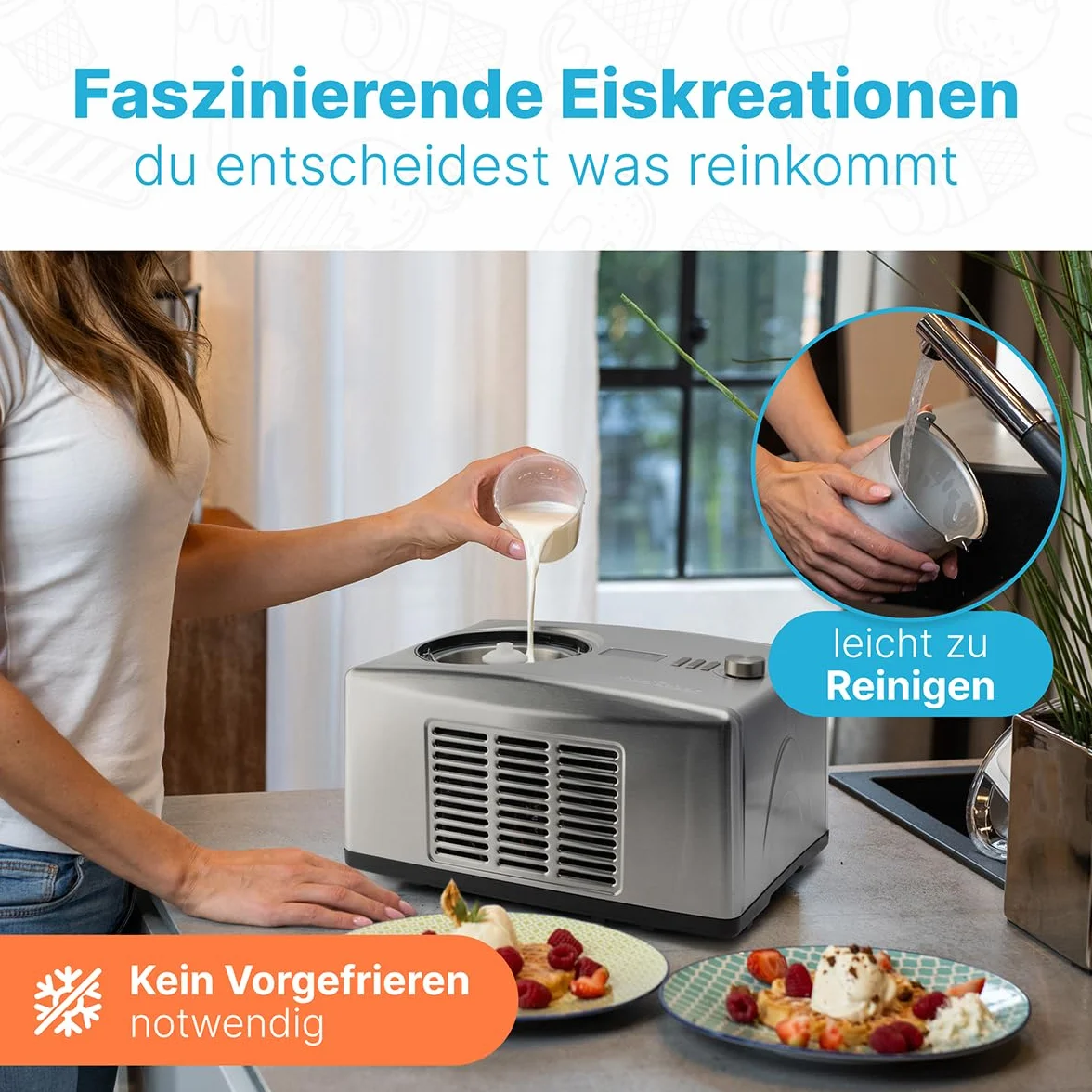 ProfiCook® maszyna do lodów i jogurtu w jednym, lód w 20 min, do 1500 ml, maszyna do lodów z kompresorem, do lodów i mrożonego jogurtu, w zestawie przepisy kulinarne, szpachelka do lodu i kubek z