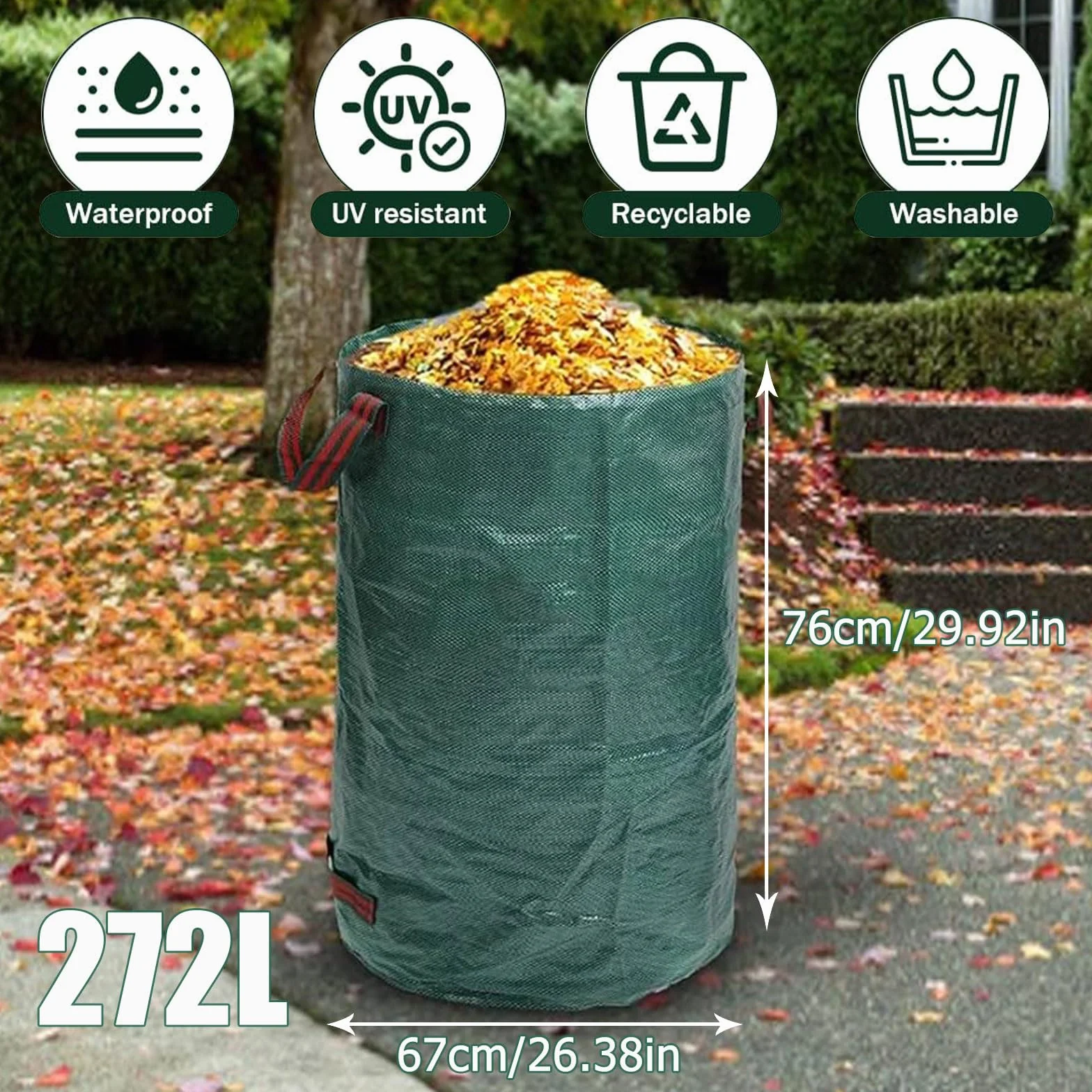 Worek na odpady ogrodowe,272 l,Worek ogrodowy na liście, ogrodowy z uchwytami, wielokrotnego użytku, składany, kempingowy worek z recyklingu liście, śmieci