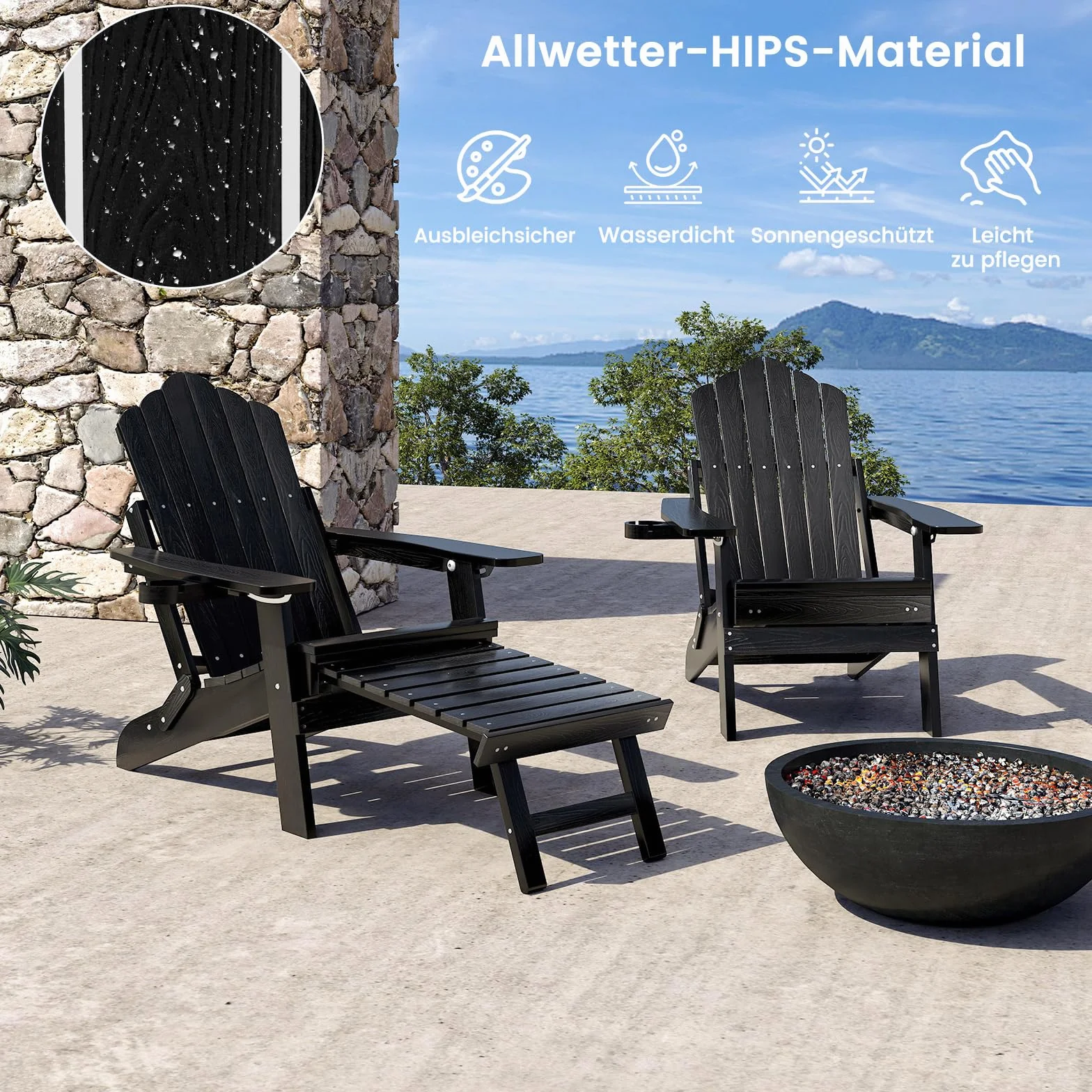COSTWAY Składane krzesło Adirondack z podnóżkiem i regulowanym oparciem, odporne na warunki atmosferyczne Adirondack Chair z tworzywa sztucznego, fotel ogrodowy z uchwytem na napoje, do ogrodu, na