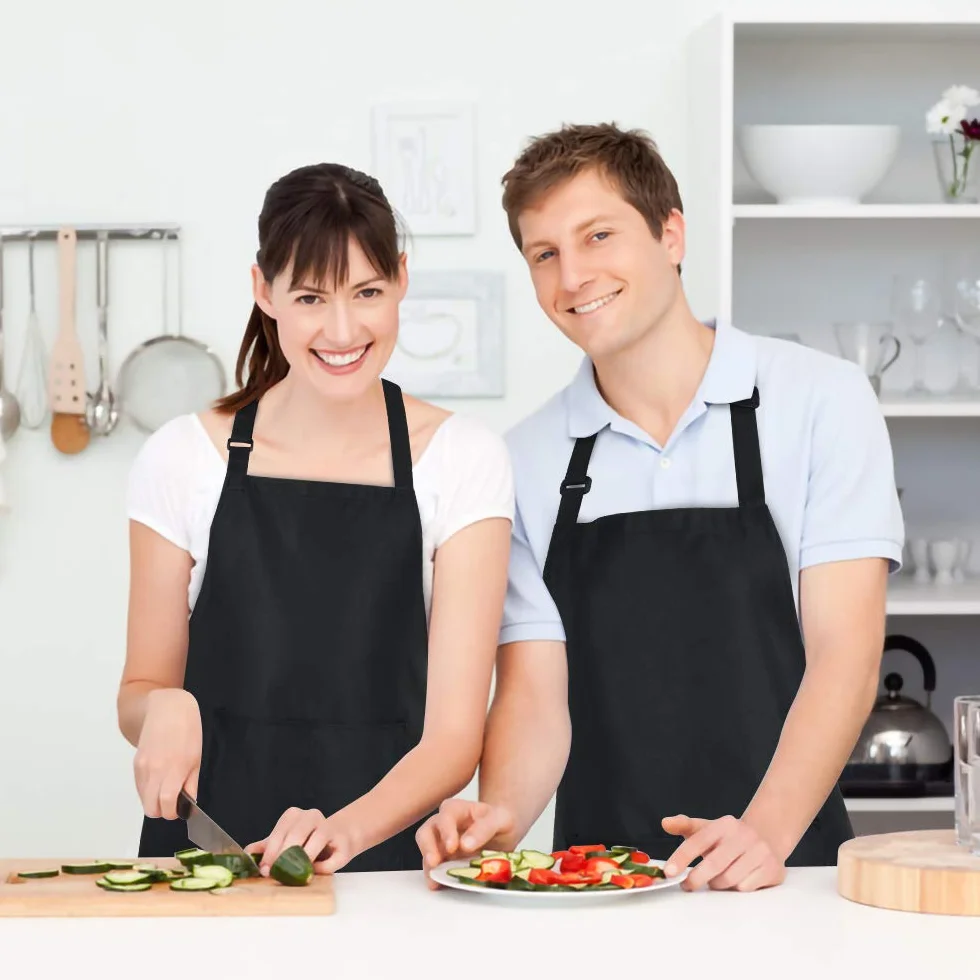 Fartuchy kuchenne dla dorosłych regulowane fartuchy kuchenne z 2 kieszeniami odporne na krople wody pieczenie ogrodnictwo restauracja grill fartuch szefa kuchni dla kobiet mężczyzn, Czarny, L