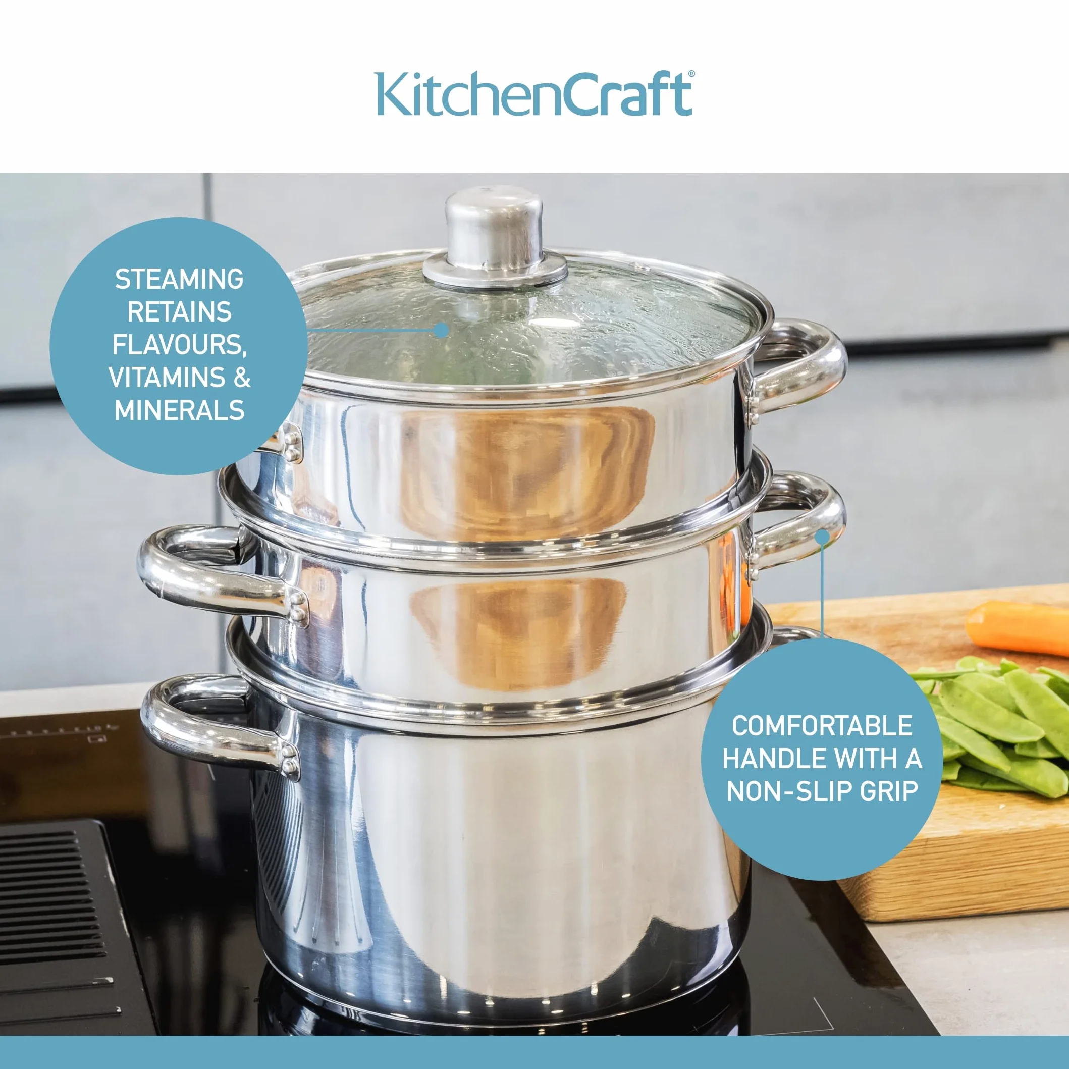 KitchenCraft Zestaw 3 garnków, parowar/garnek do zupy, 3-stopniowy, z zabezpieczeniem indukcyjnym, stal nierdzewna, w pudełku prezentowym, 22 cm (9"), srebrny
