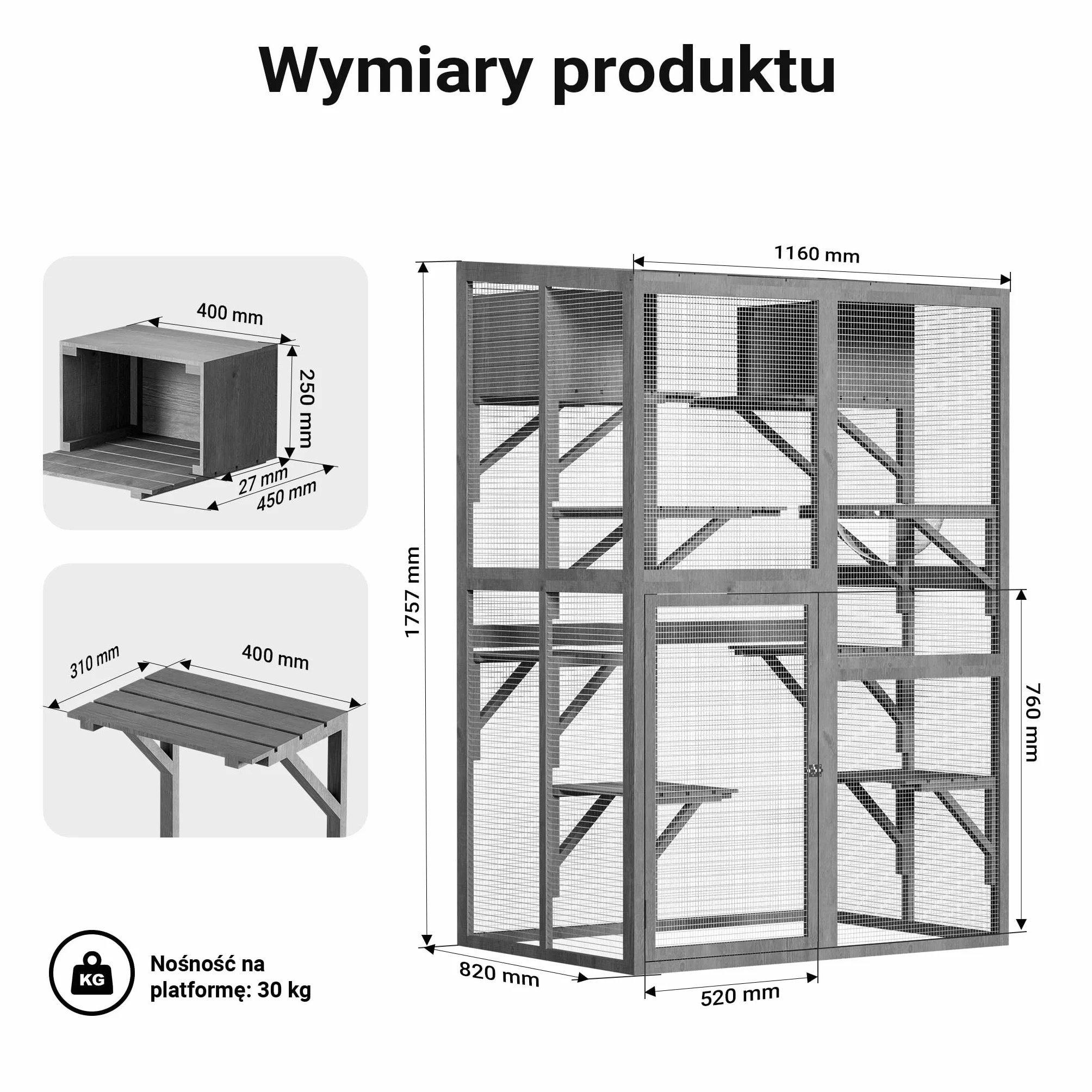 Wiltec Woliera dla kota 116 x 82 x 175,7 cm, z drewna i powłoką PVC na balkon i do ogrodu, 5 poziomów, legowisko i 2 drewniane boksy