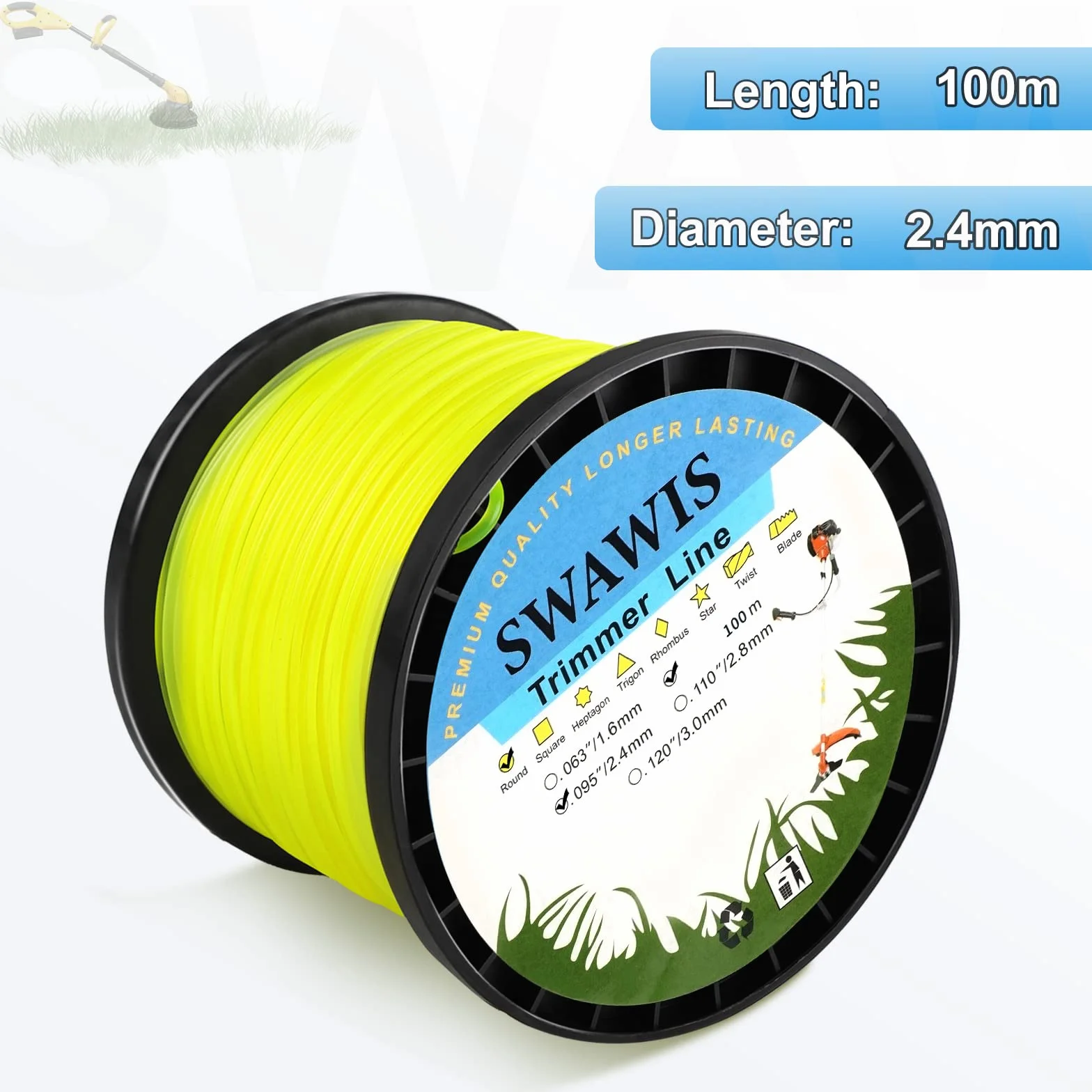 SWAWISŻyłka zapasowa do podkaszarki 2,4 mm/100 m, nylonowa, dla trawy lub ogrodu, żółta