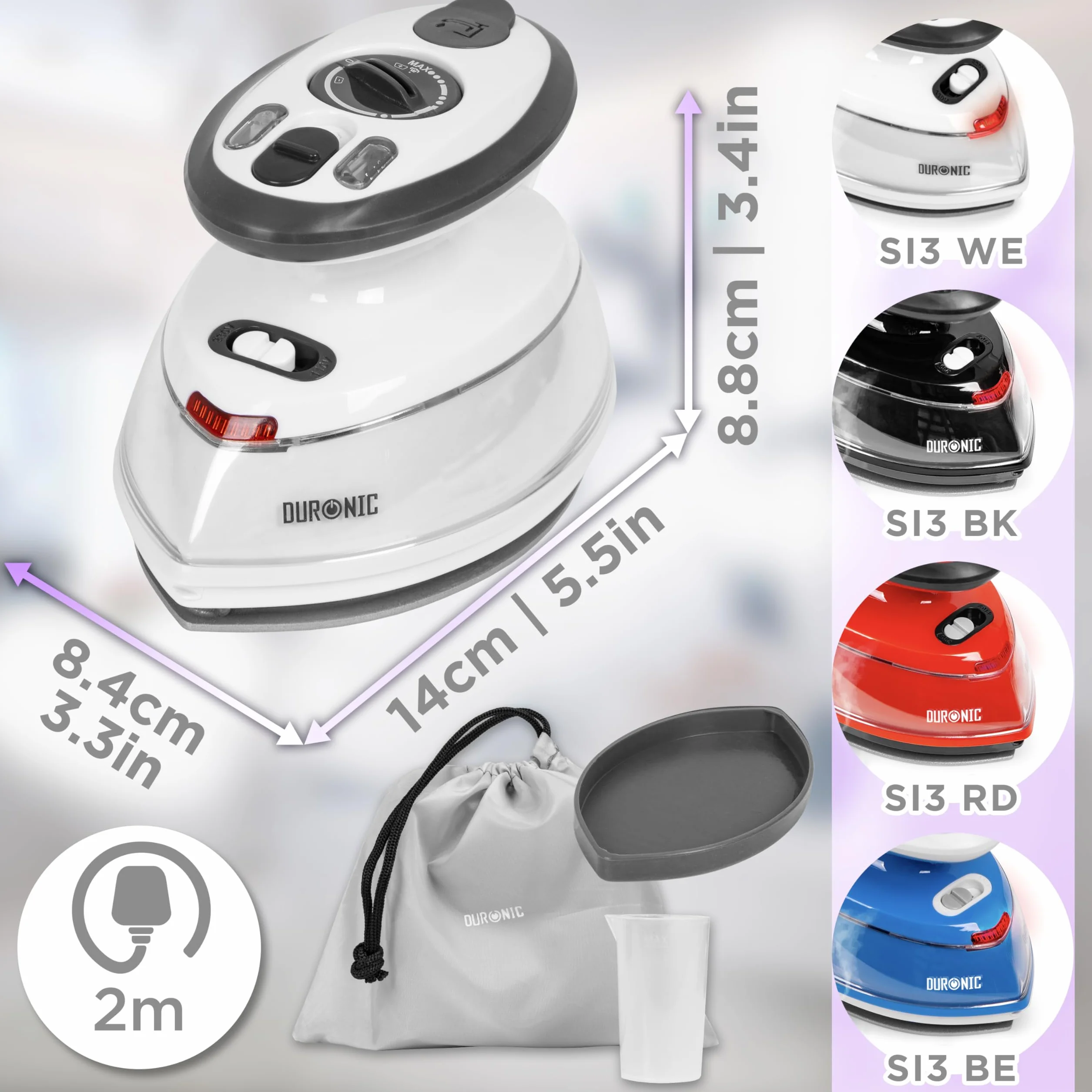 Duronic SI3 WE Żelazko podróżne 400W z pokrowcem i pojemnikiem na wodę 50ml | funkcja pary | turystyczne mini żelazko na wyjazdy | nieprzywierająca stopka | regulacja temperatury | 220V lub 110V