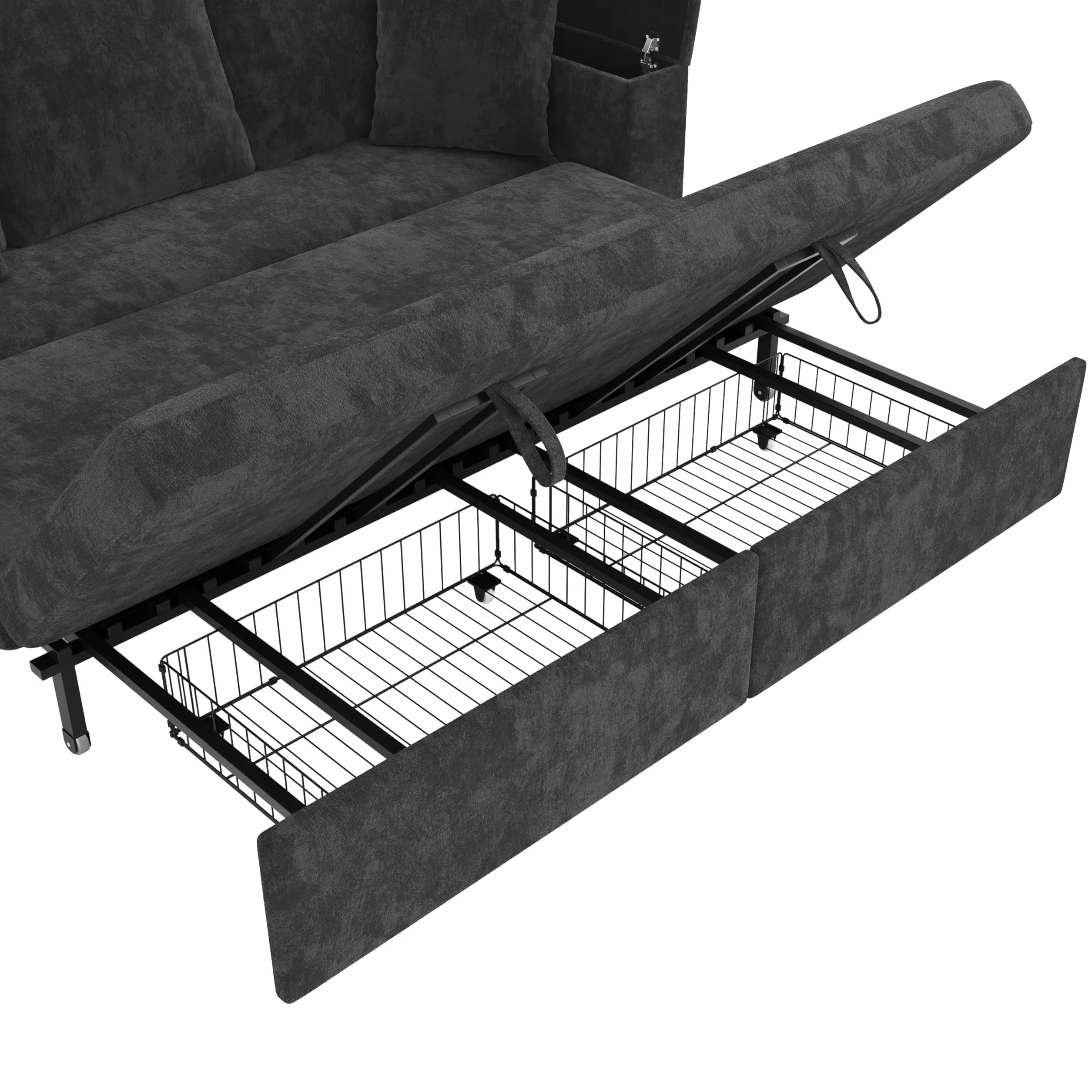 3-osobowa sofa 3 w 1 z funkcją spania, metalowa rama, miejsce do przechowywania, USB i podłokietniki, do salonu i sypialni, wielofunkcyjna, szara