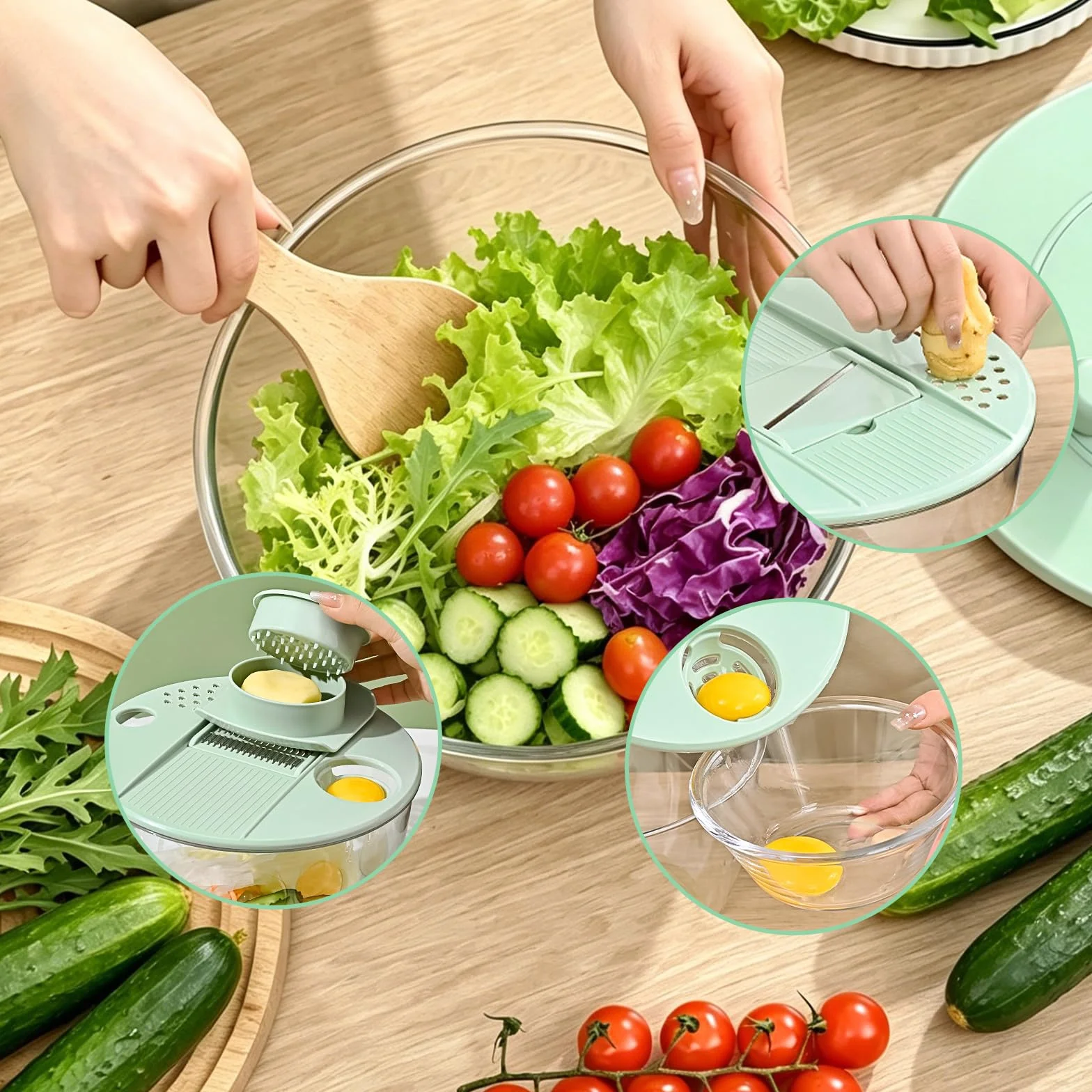 Salad Spinner wirówka do sałaty z pokrywką, wielofunkcyjna miska do sałaty z 6 ostrzami, deska do krojenia, idealna do mycia i krojenia warzyw i owoców, separator żółtek jaj