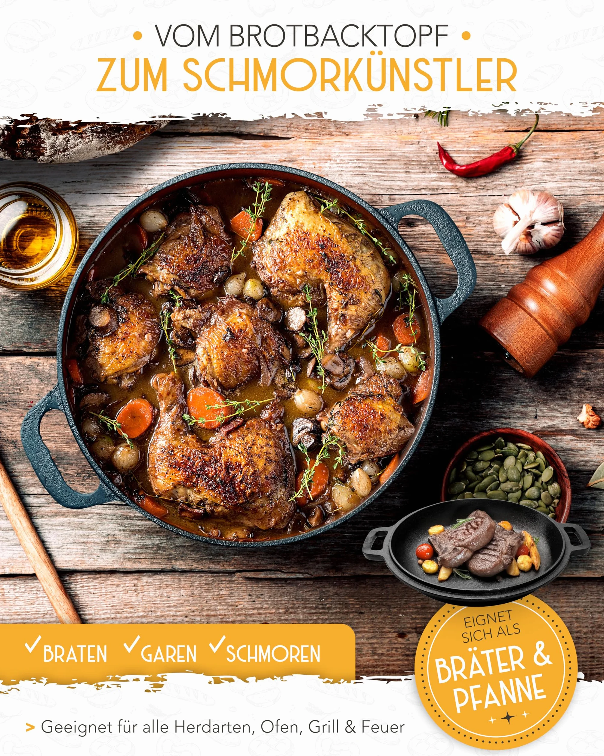 KRUSTENZAUBER Żeliwny Garnek do Pieczenia Chleba 26 cm z Pokrywką - Forma do Samodzielnego Przygotowania, Akcesoria