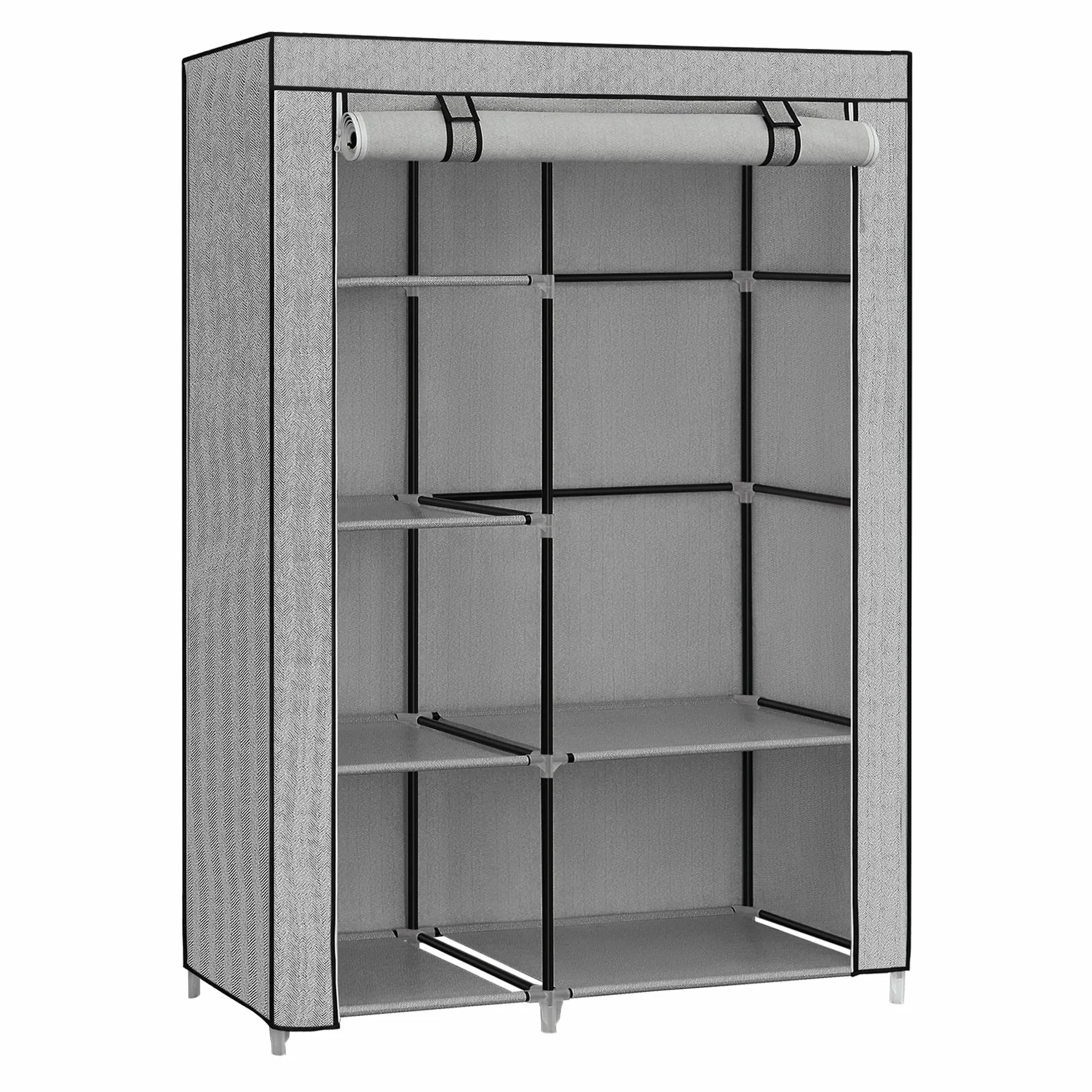 SONGMICS Szafa, wieszak na ubrania, z 1 drążkiem na ubrania, 6 półek, włóknina, metalowa rama, 45 x 105 x 168 cm, do sypialni, przedpokoju, szary ze wzorem w jodełkę RYG085G22