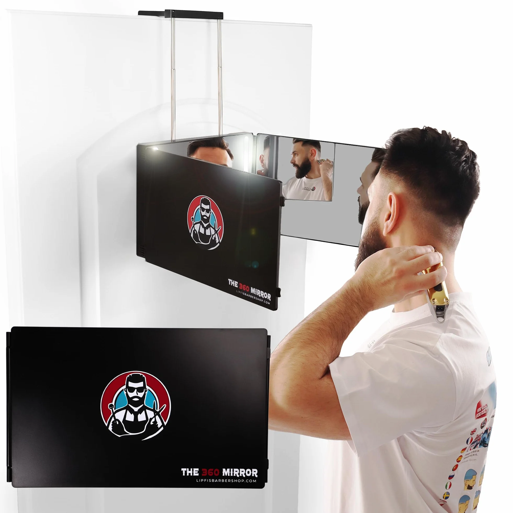 Lustro 360 - Regulowane haczyki teleskopowe - Lustro do samodzielnego strzyżenia dla mężczyzn - Lusto 3-kierunkowe do strzyżenia włosów - Lustr doo samodzielnego strzyżeni (I Z diodą LED I)