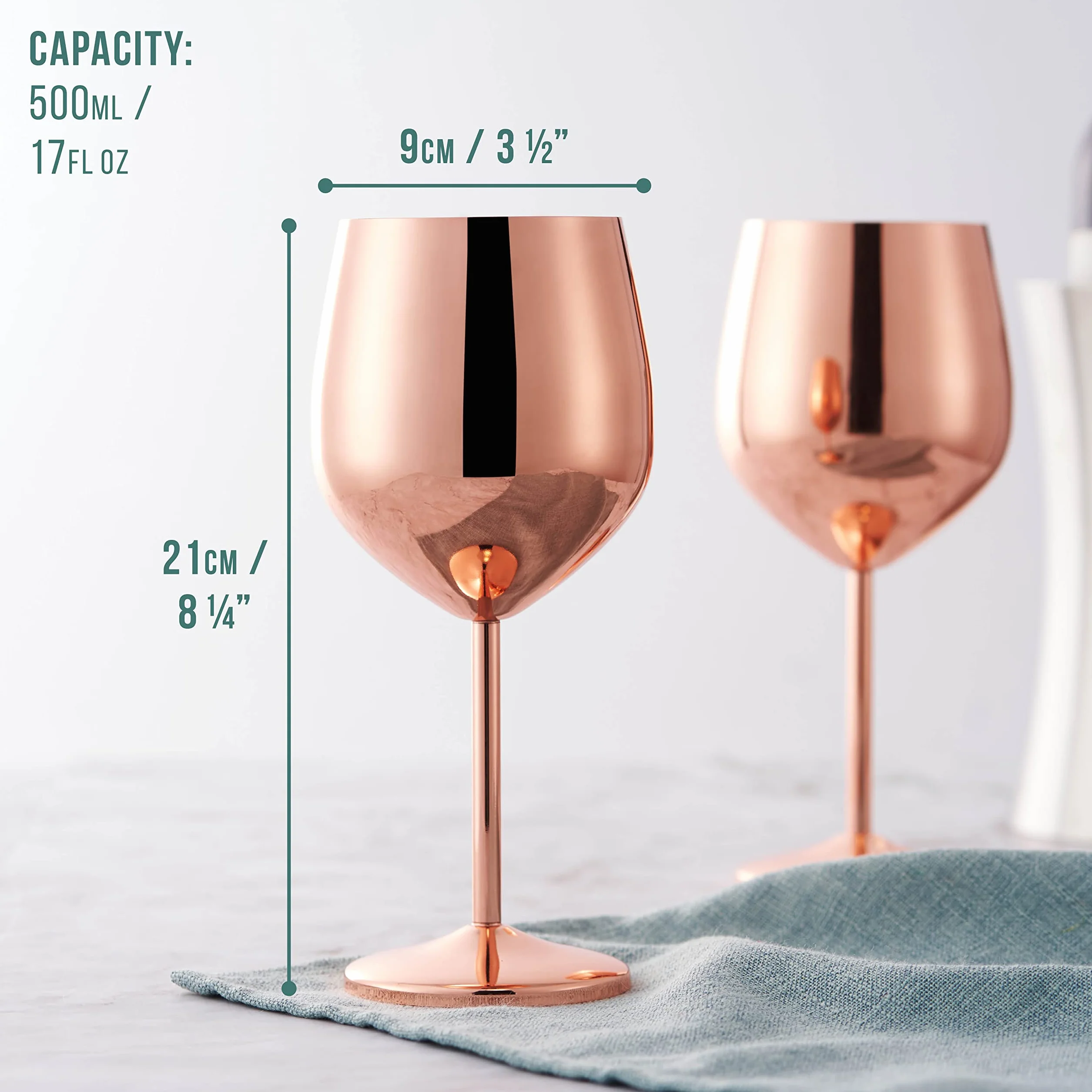 Oak & Steel - 4 eleganckie kieliszki do wina ze stali nierdzewnej, miedziane, różowe złoto, 520 ml, zestaw upominkowy, do domowego baru, na wesela, rocznicę, przyjęcie urodzinowe