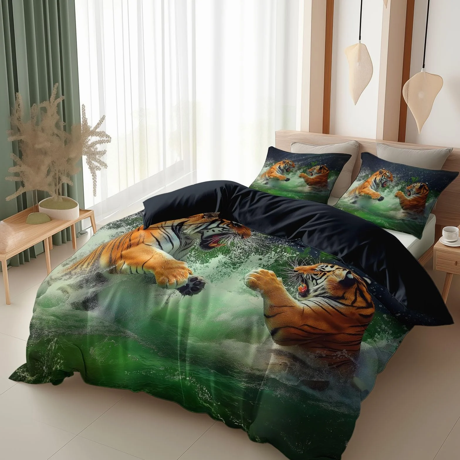 Générique Zielona poszwa na kołdrę 220x240 cm Zestaw pościeli z krajobrazem leśnym, tygrys zwierzę odwracalna wodospad poszwa na kołdrę - miękka i oddychająca antyalergiczna pościel z 2 poszewkami na