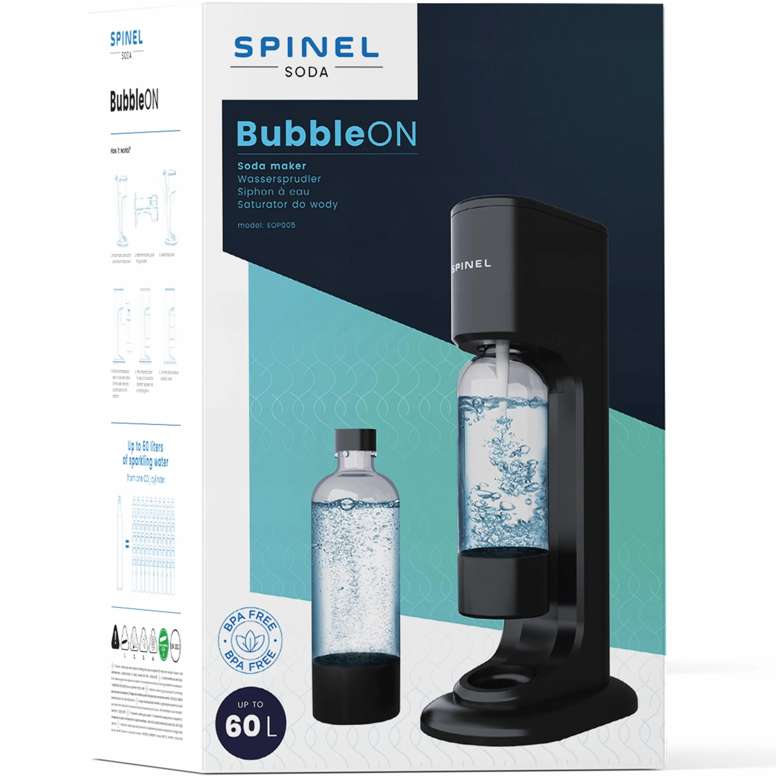 Spinel - Saturator do wody gazowanej BubbleON czarny, mega zestaw startowy, 3 butelki 1l, nabój CO2 60l, szczotka do czyszczenia butelek, 10 metalowych słomek, syrop pepsi, 6 saszetek w proszku