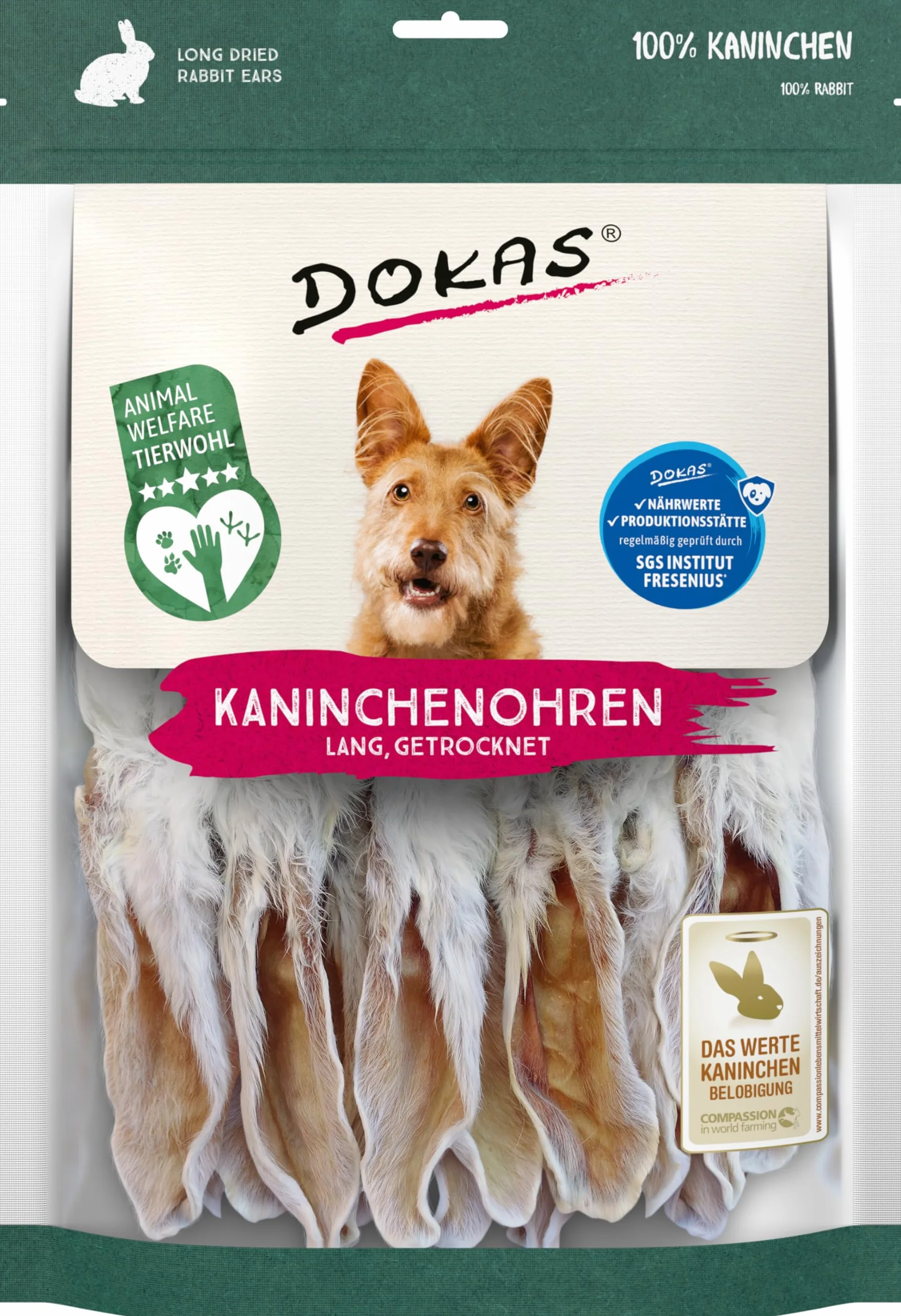 DOKAS Uszy królika ze sierścią – naturalny przekąsk premium dla psów ze 100% królików – długie dla dużych psów – 1 x 180 g