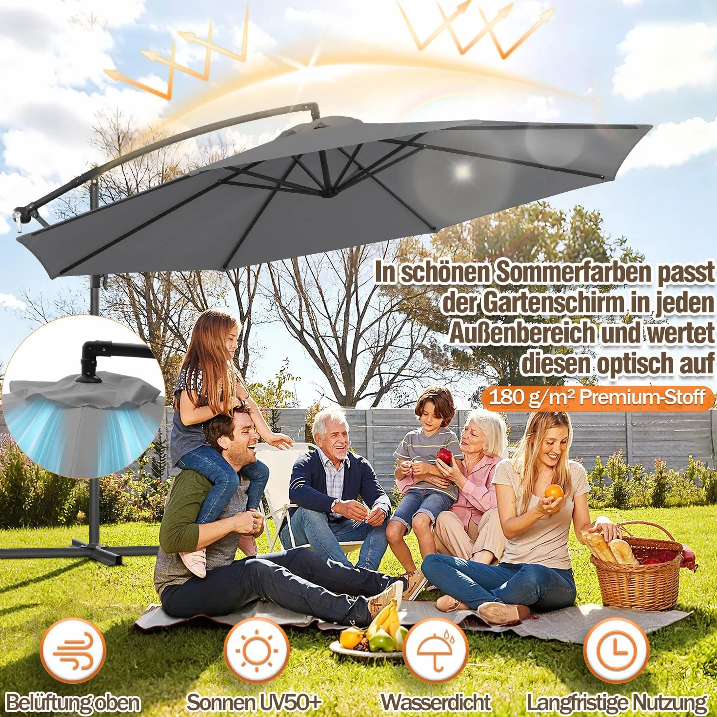 Parasol przeciwsłoneczny 350 cm, ze stojakiem i korbą, parasol ogrodowy, ochrona przed promieniowaniem UV, 8 stalowych wsporników, regulowany kąt nachylenia i wysokość, do basenów, balkonów i