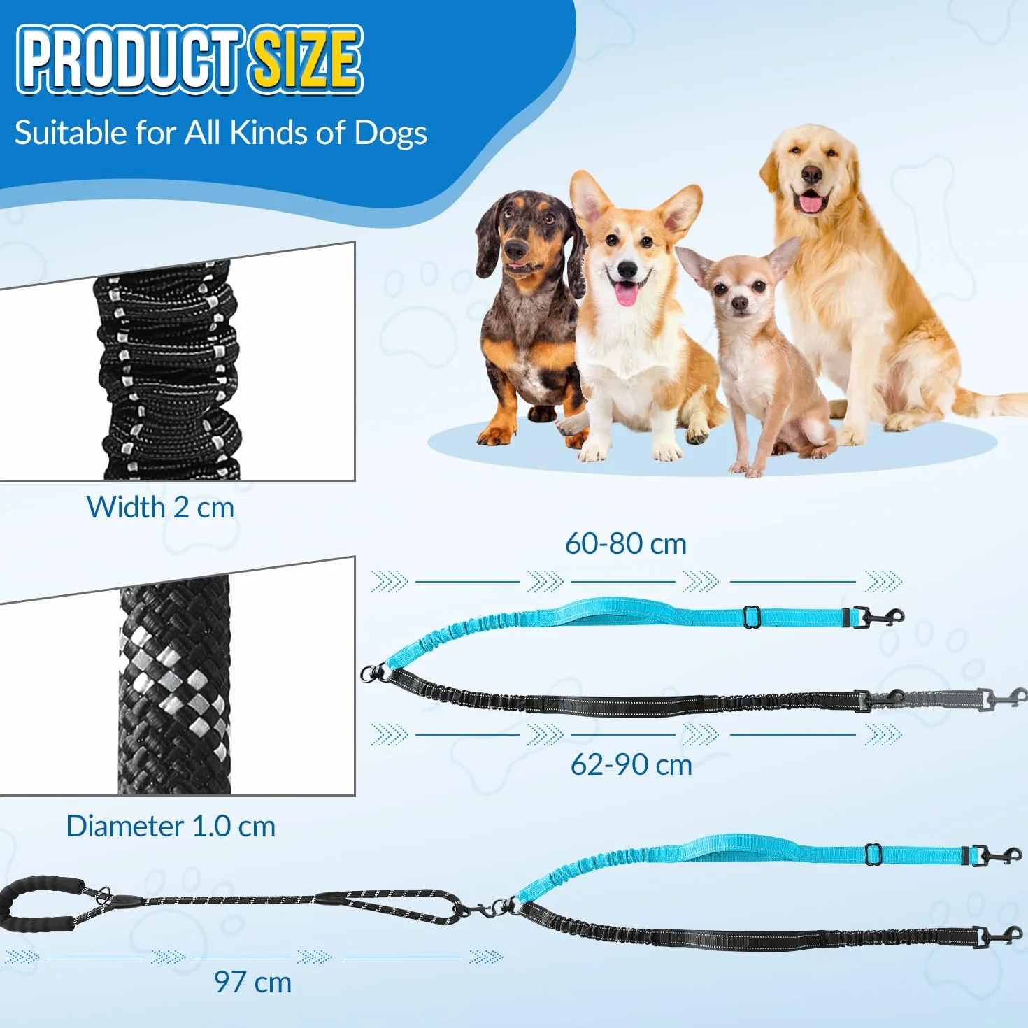 SlowTon Podwójna smycz dla psów 360° obrotowa 4 uchwyty odblaskowa regulowana amortyzująca bungee do 9 kg